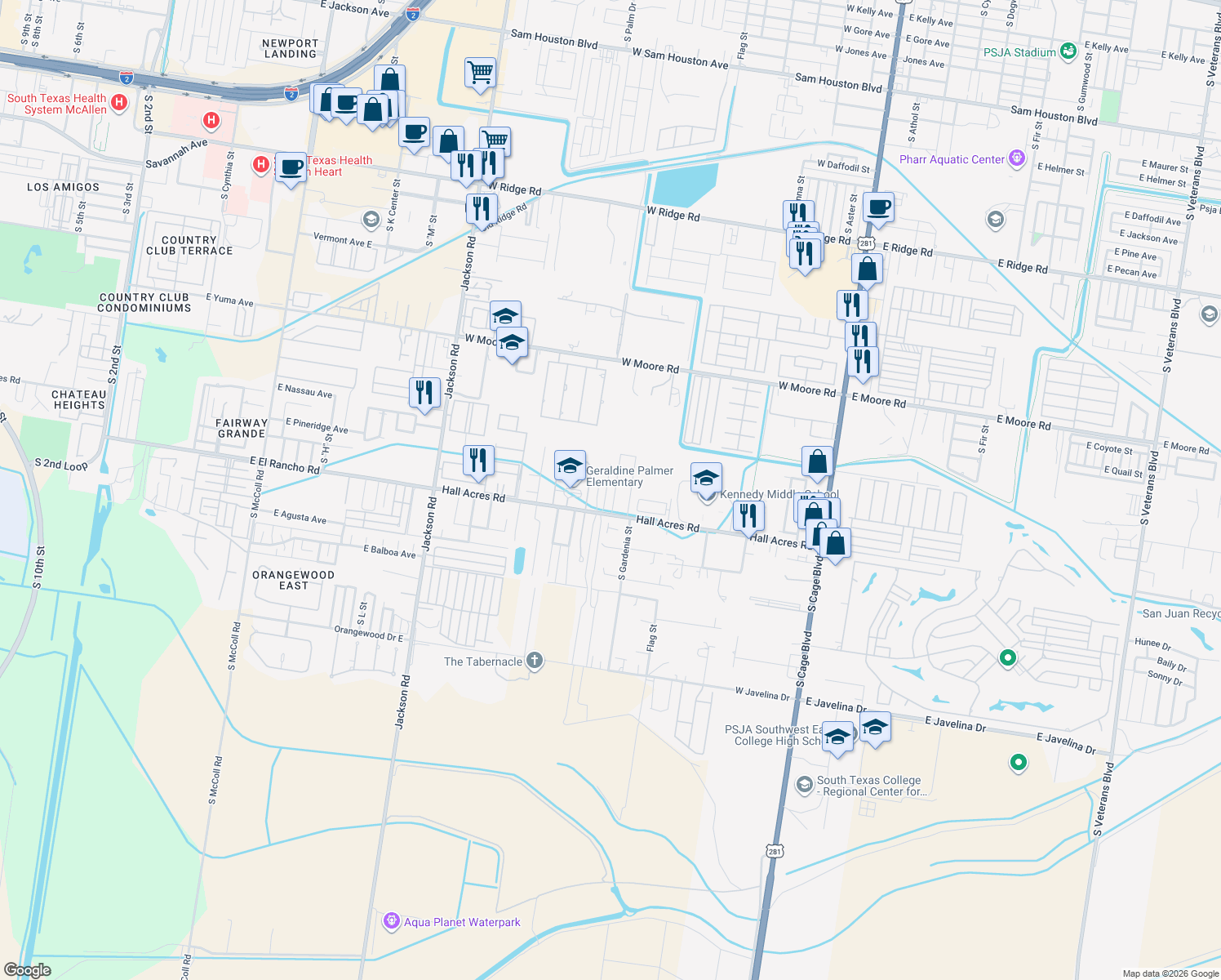 map of restaurants, bars, coffee shops, grocery stores, and more near 2416 South Hibiscus Street in Pharr