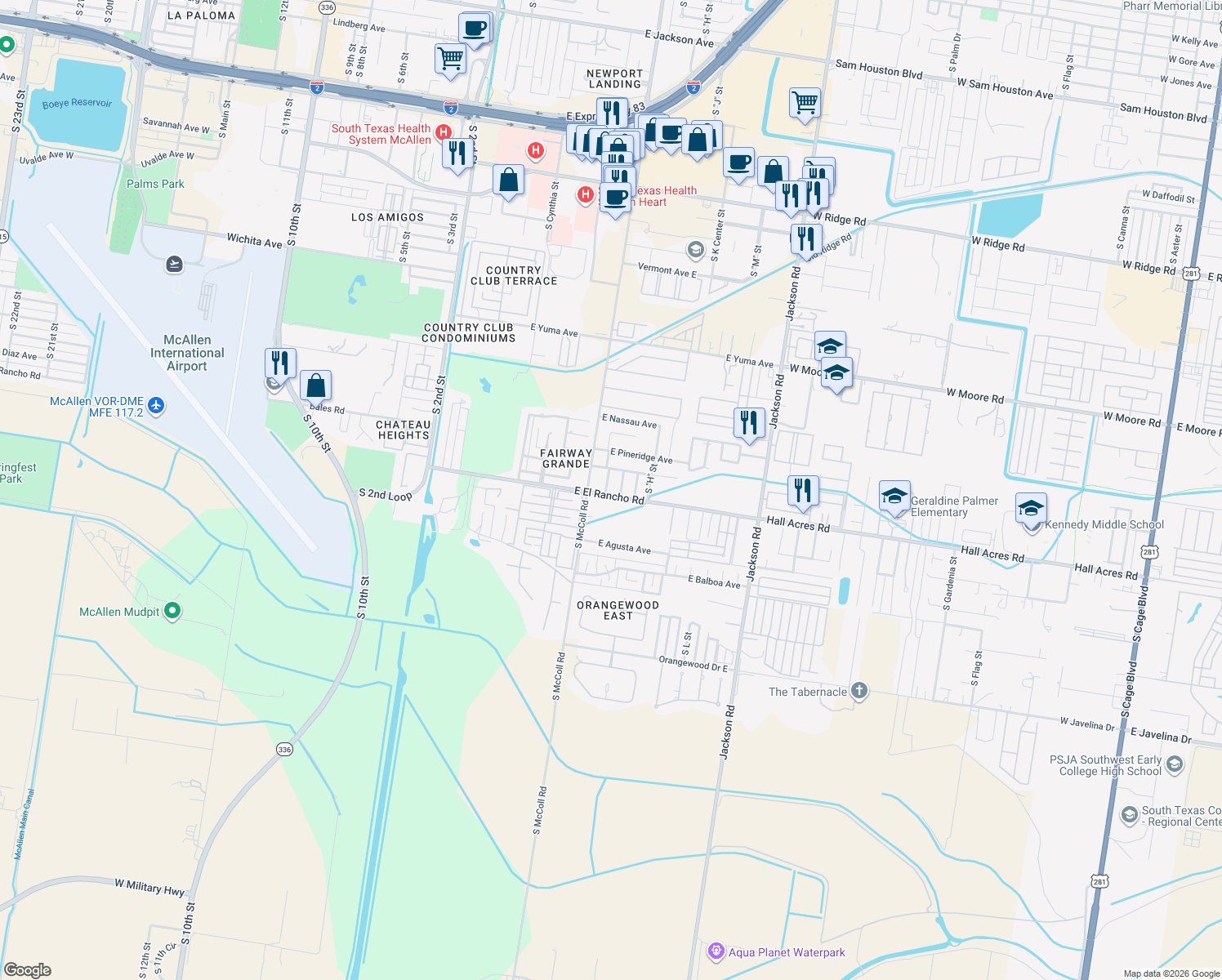 map of restaurants, bars, coffee shops, grocery stores, and more near 3309 S G St in McAllen