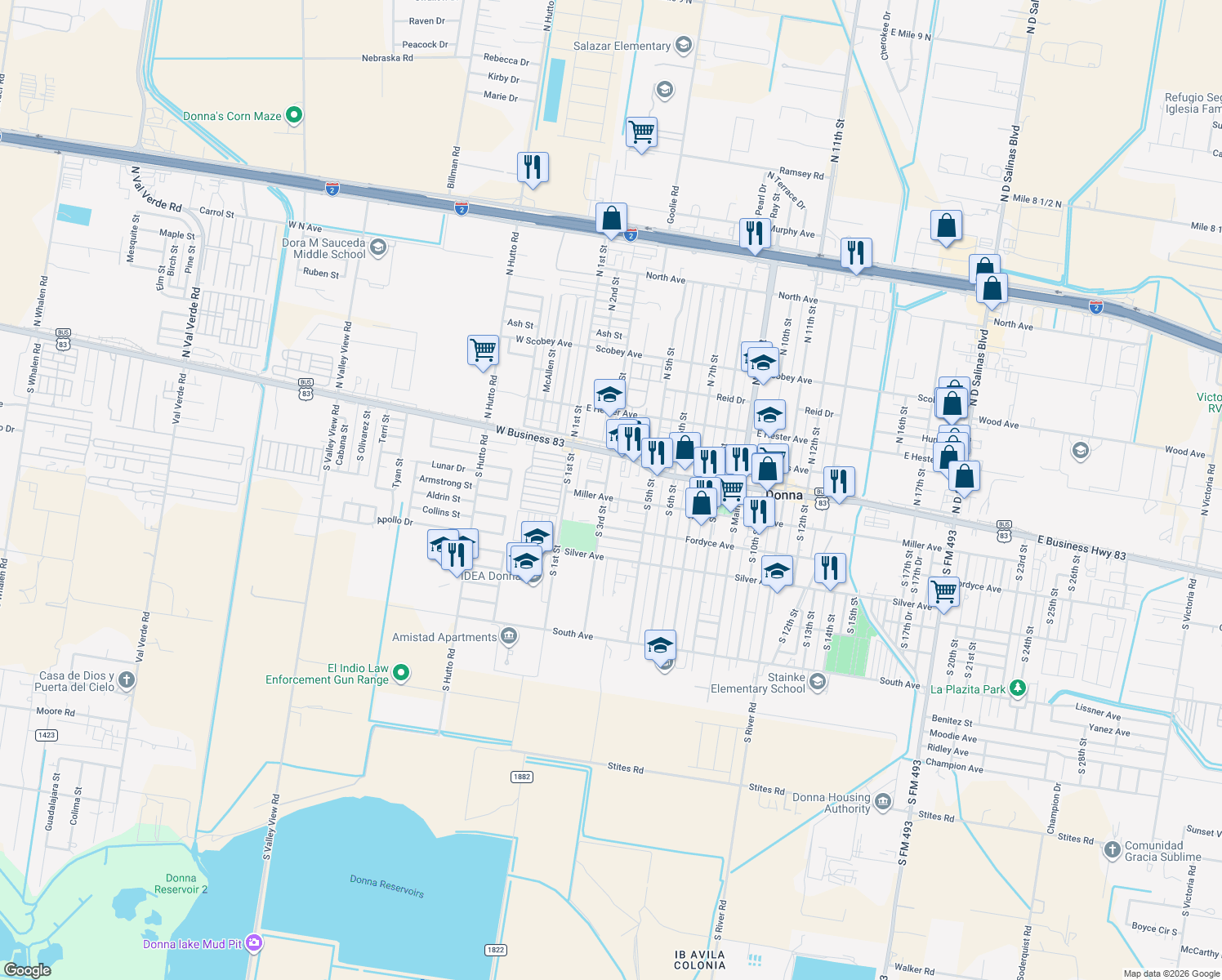 map of restaurants, bars, coffee shops, grocery stores, and more near 118 S 3rd St in Donna