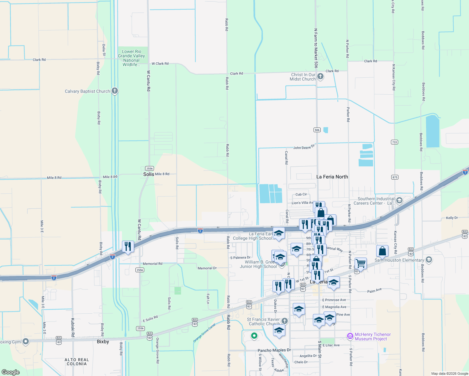map of restaurants, bars, coffee shops, grocery stores, and more near 1600 N Rabb Rd in La Feria