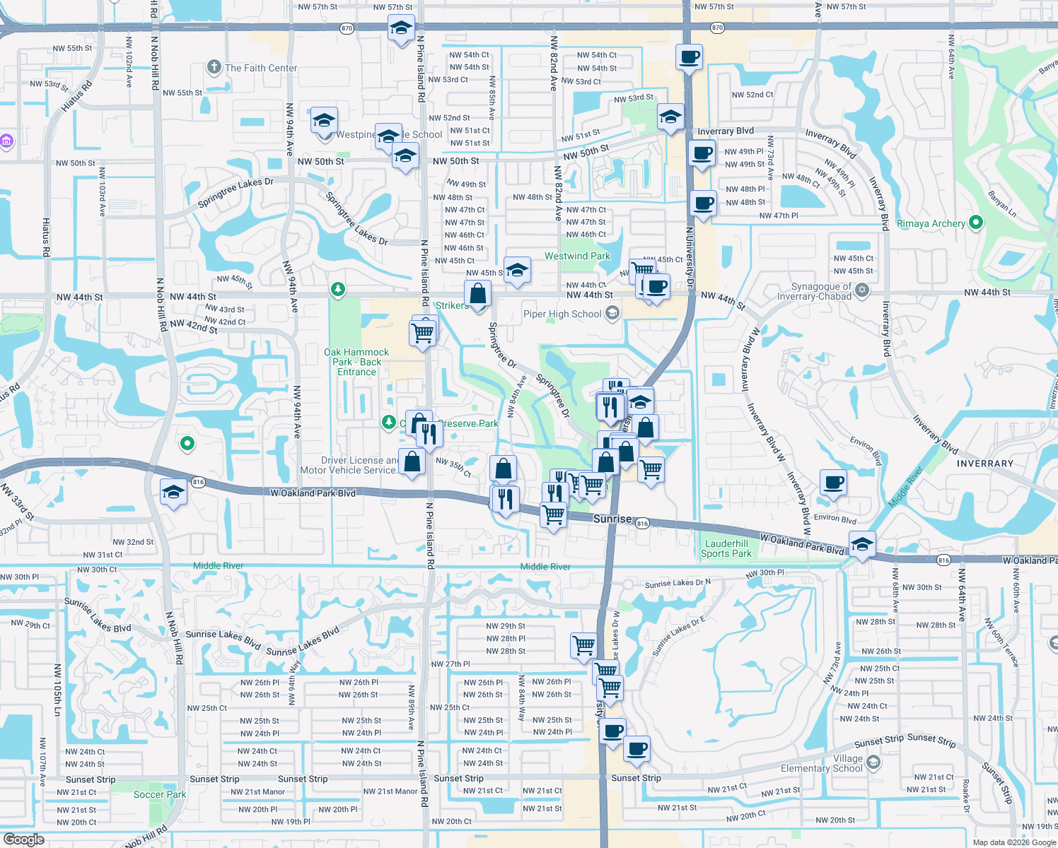 map of restaurants, bars, coffee shops, grocery stores, and more near 8337 Northwest 37th Place in Sunrise