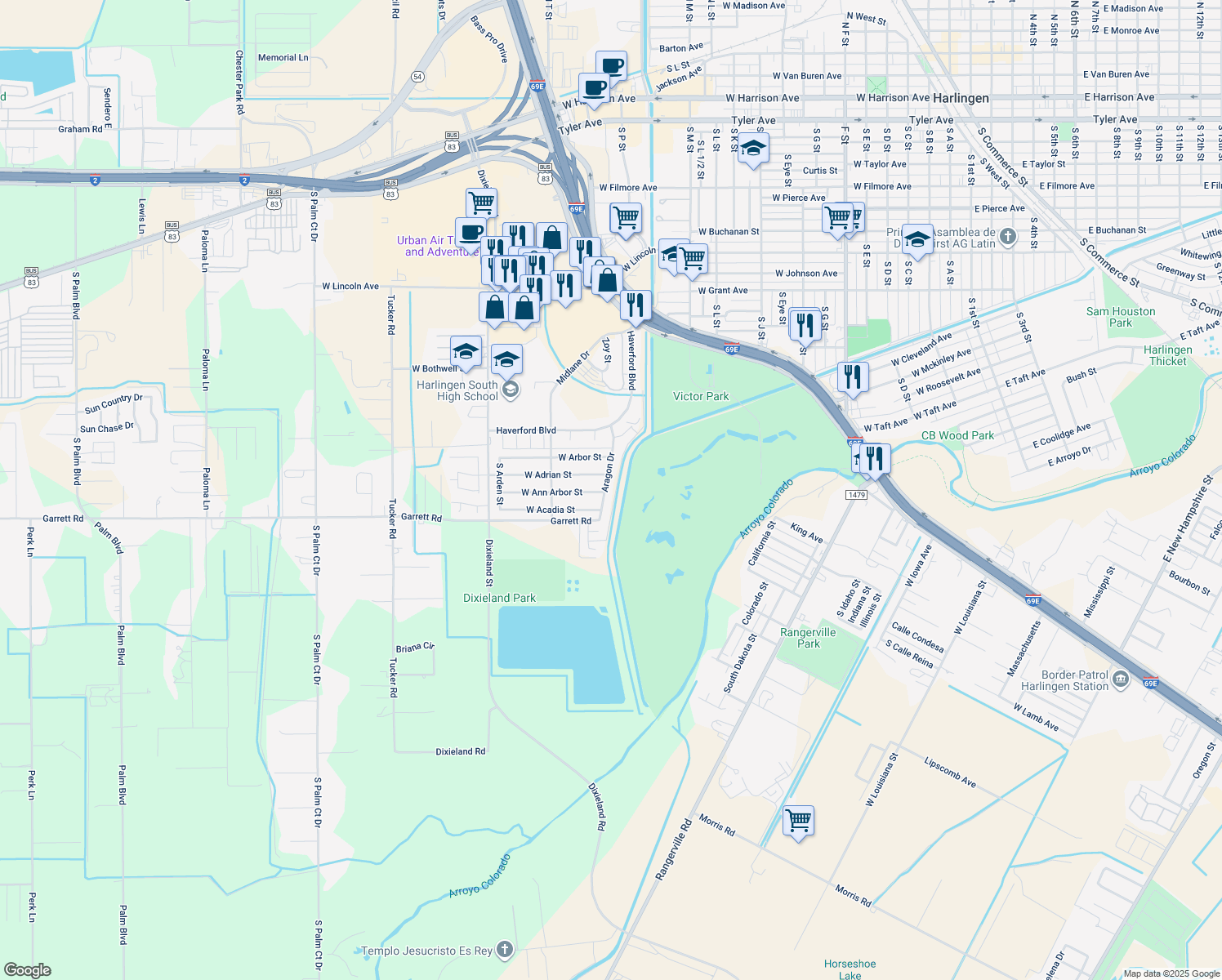 map of restaurants, bars, coffee shops, grocery stores, and more near 2013 Aragon Drive in Harlingen