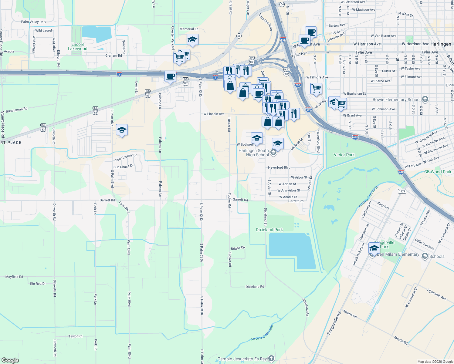 map of restaurants, bars, coffee shops, grocery stores, and more near 2201 Tucker Rd in Harlingen