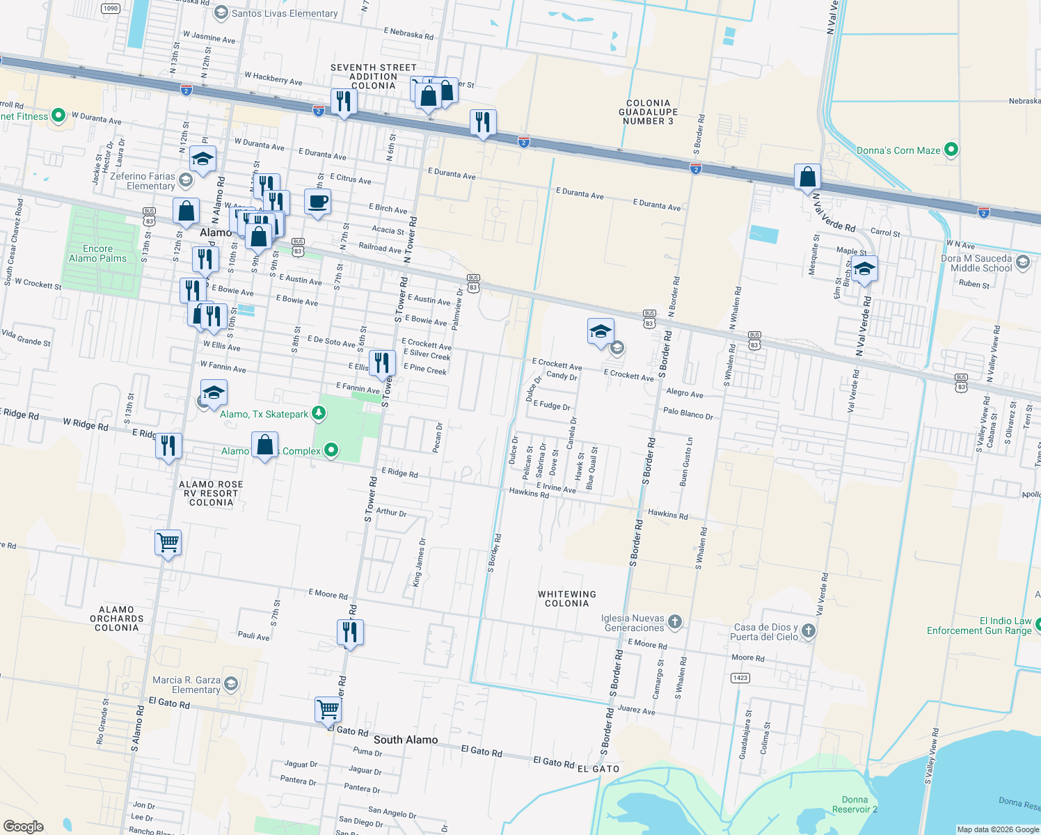 map of restaurants, bars, coffee shops, grocery stores, and more near 439 Dulce Dr in Alamo
