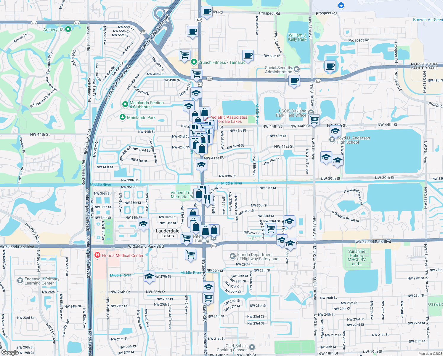 map of restaurants, bars, coffee shops, grocery stores, and more near 3810 Northwest 39th Street in Lauderdale Lakes