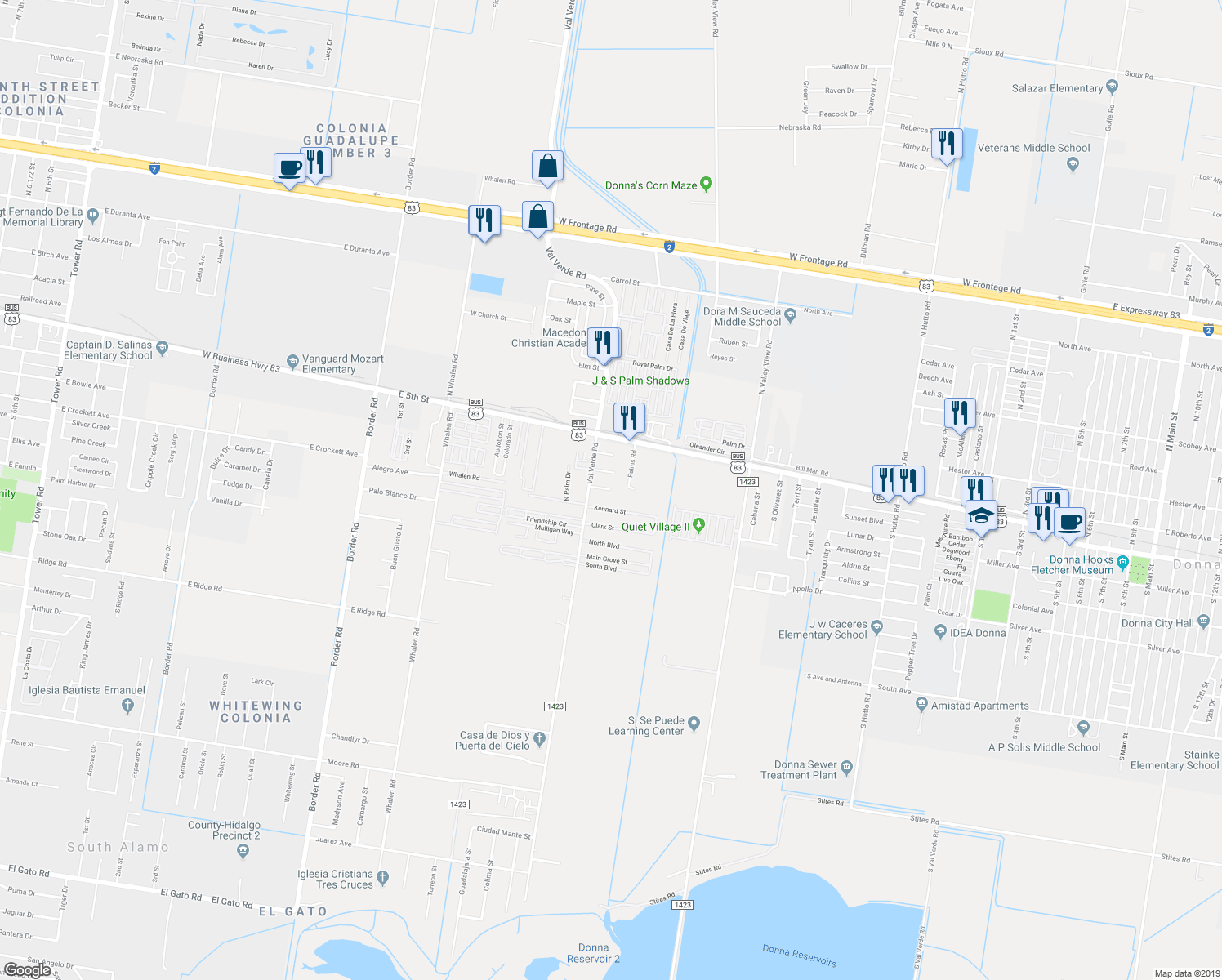 map of restaurants, bars, coffee shops, grocery stores, and more near 100 Angie Street in Donna