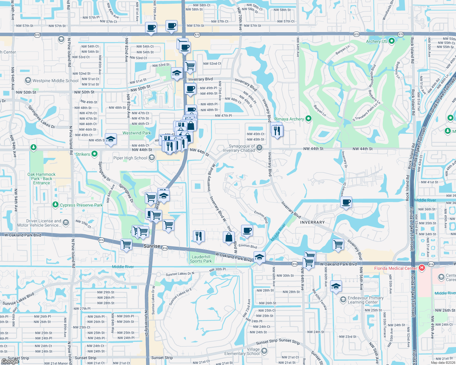 map of restaurants, bars, coffee shops, grocery stores, and more near 7399 Radice Ct in Lauderhill