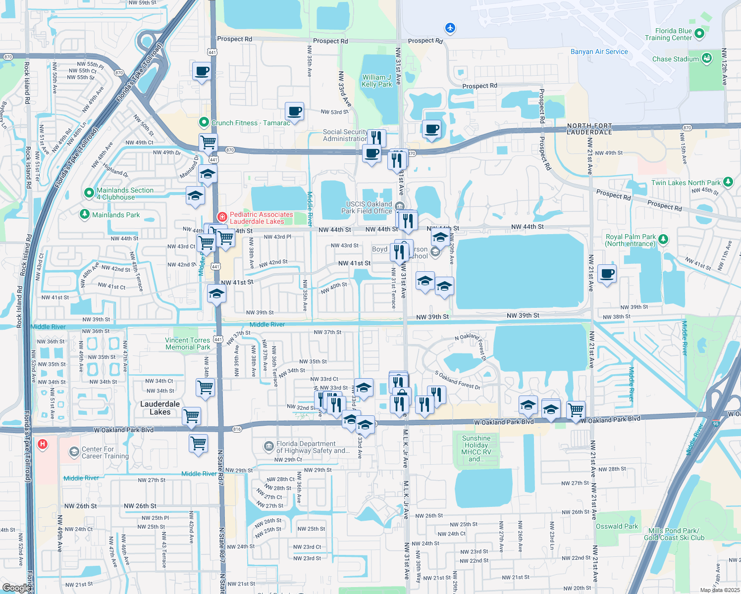 map of restaurants, bars, coffee shops, grocery stores, and more near 3951 Northwest 32nd Avenue in Lauderdale Lakes