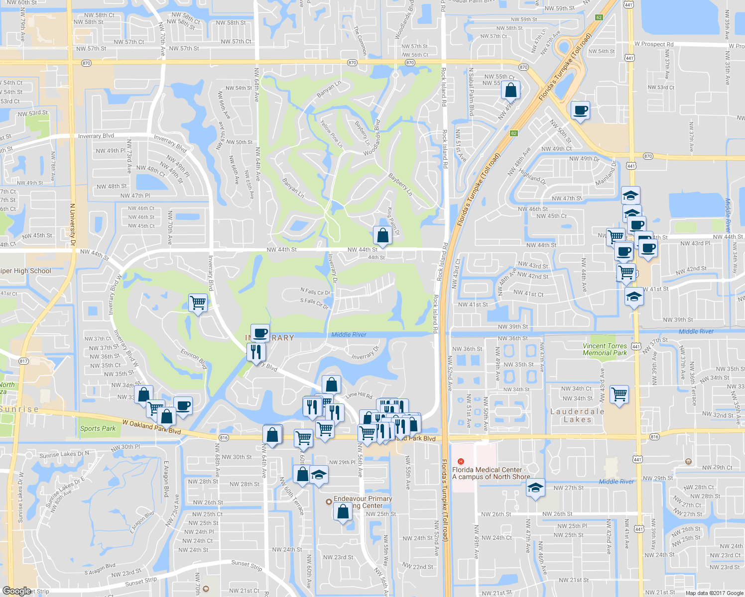 map of restaurants, bars, coffee shops, grocery stores, and more near 4158 Inverrary Drive in Lauderhill