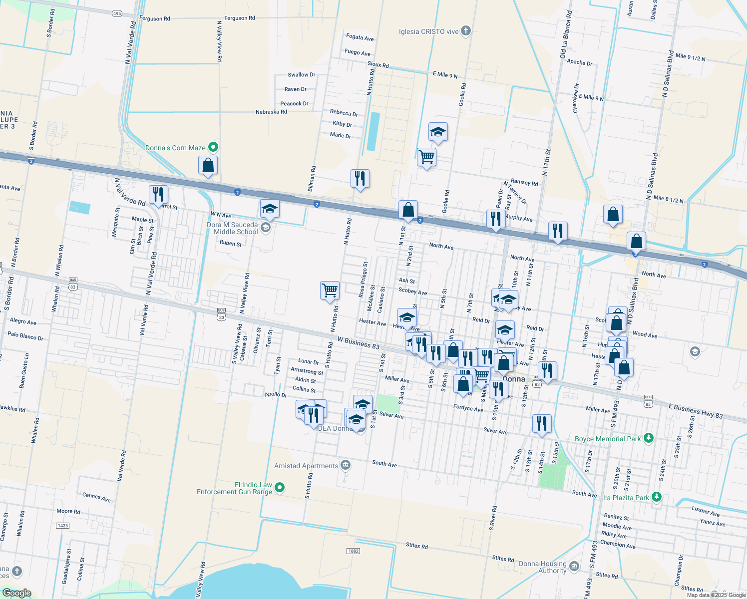 map of restaurants, bars, coffee shops, grocery stores, and more near 306 North 2nd Street in Donna