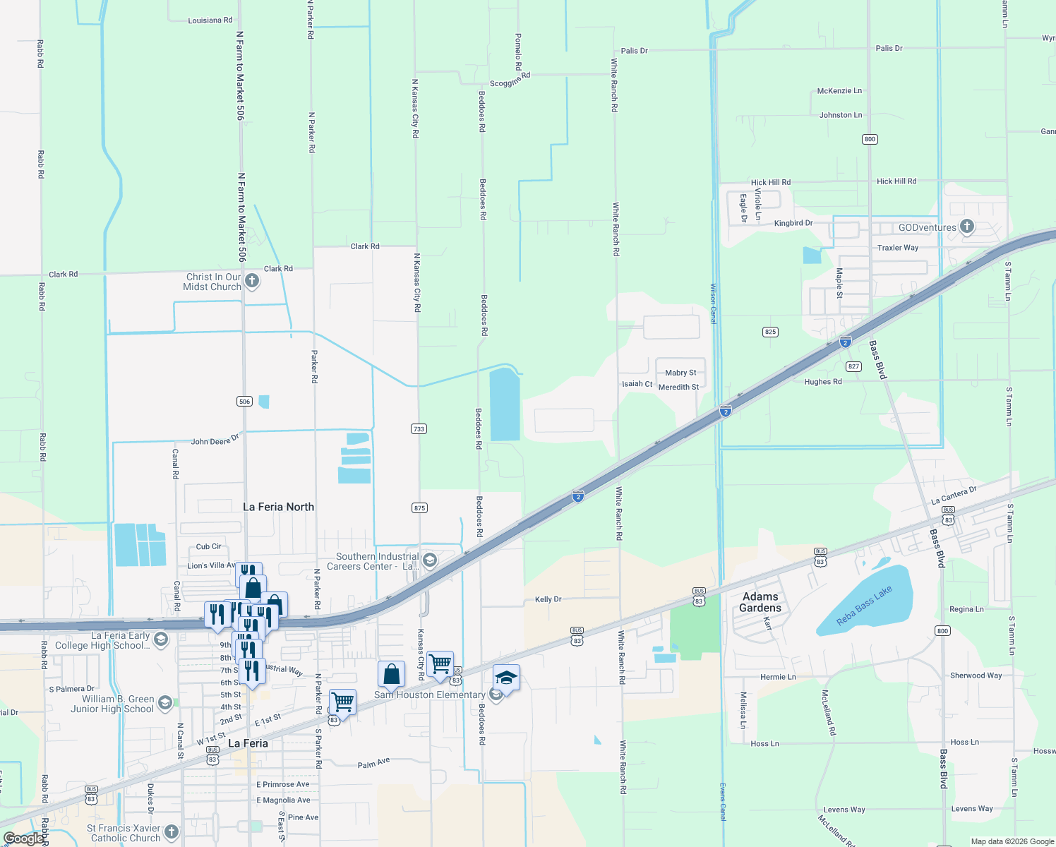 map of restaurants, bars, coffee shops, grocery stores, and more near 26658 Palomino Ave in La Feria