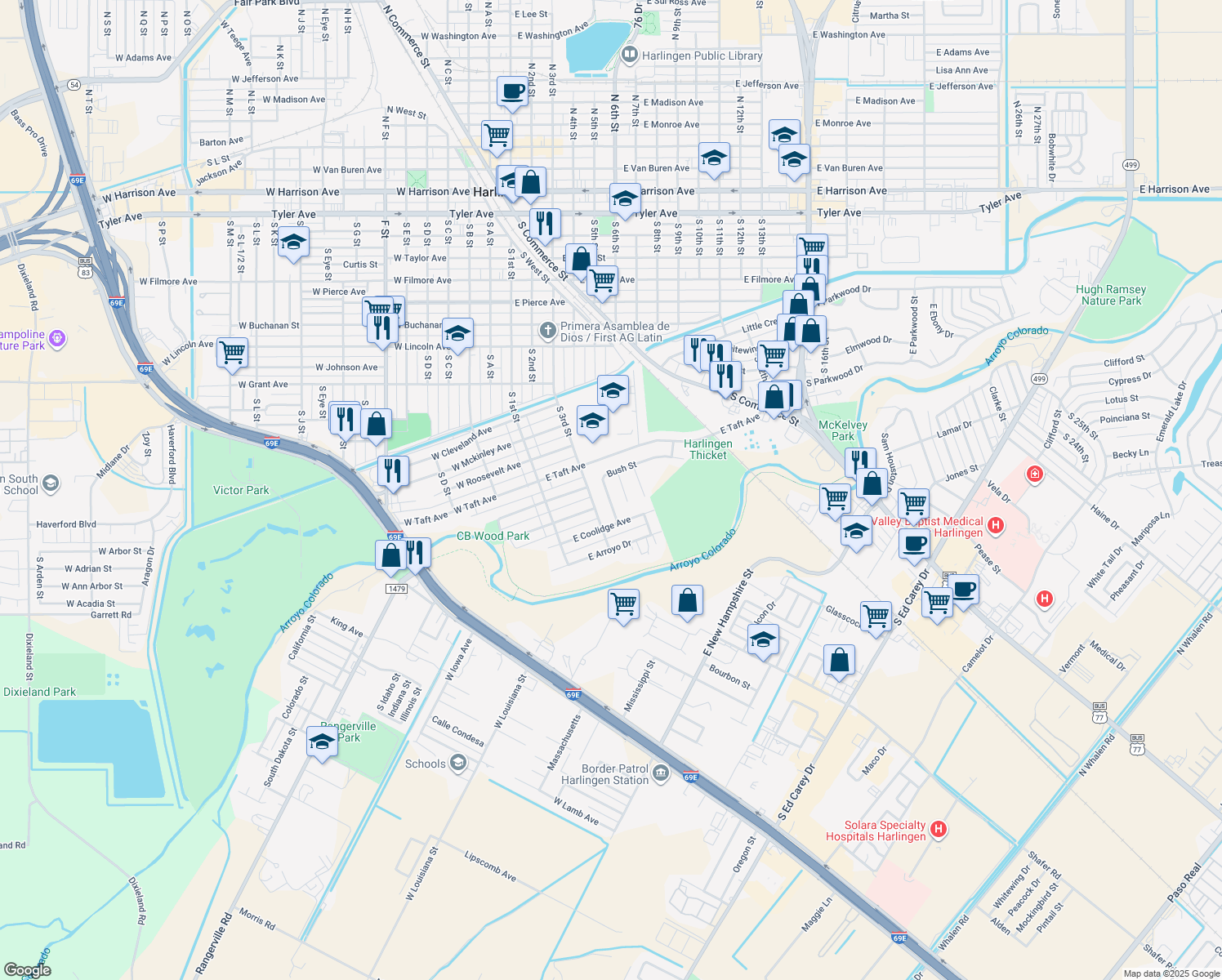 map of restaurants, bars, coffee shops, grocery stores, and more near 1617 Bush St in Harlingen