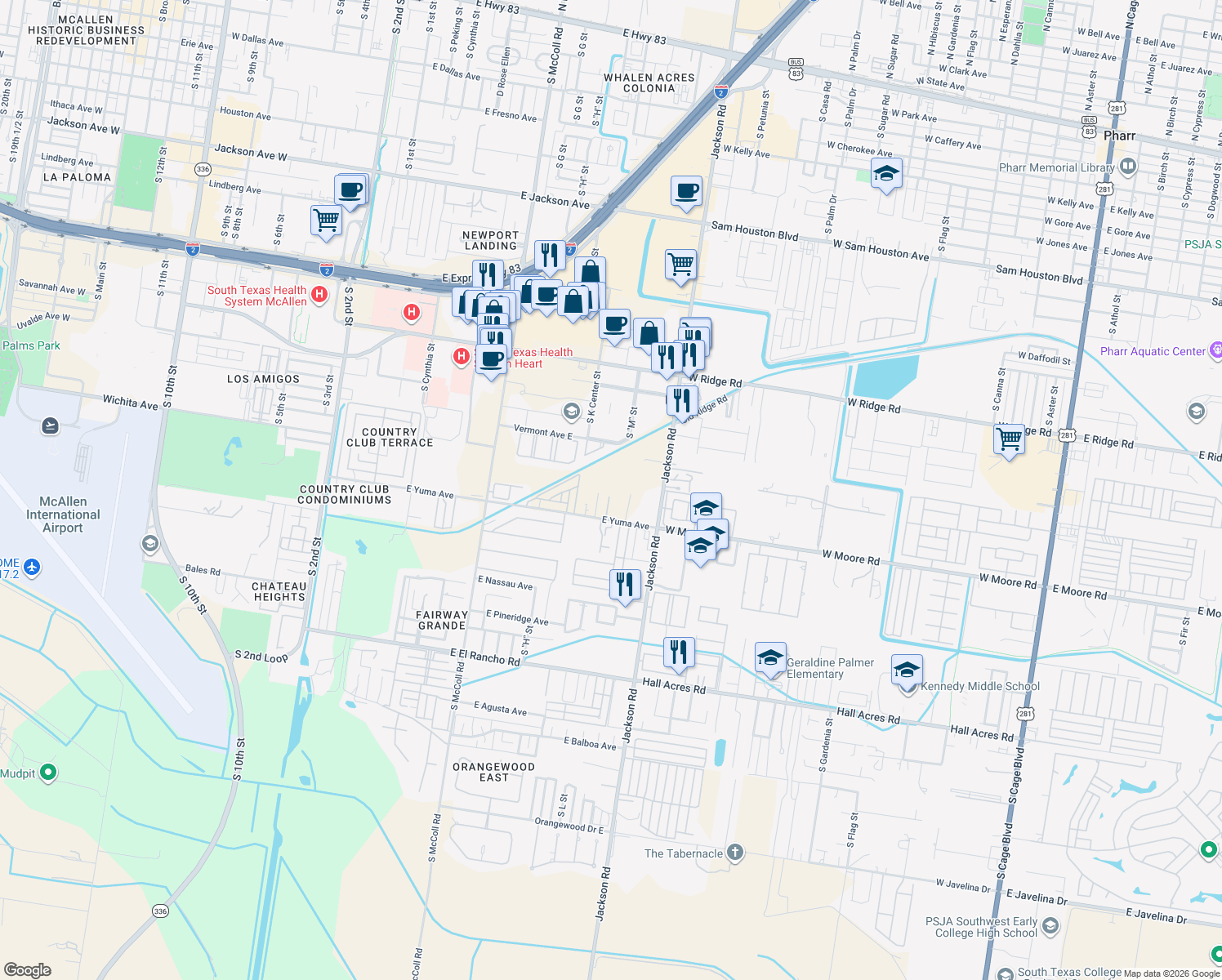 map of restaurants, bars, coffee shops, grocery stores, and more near 1309 East Yuma Avenue in McAllen