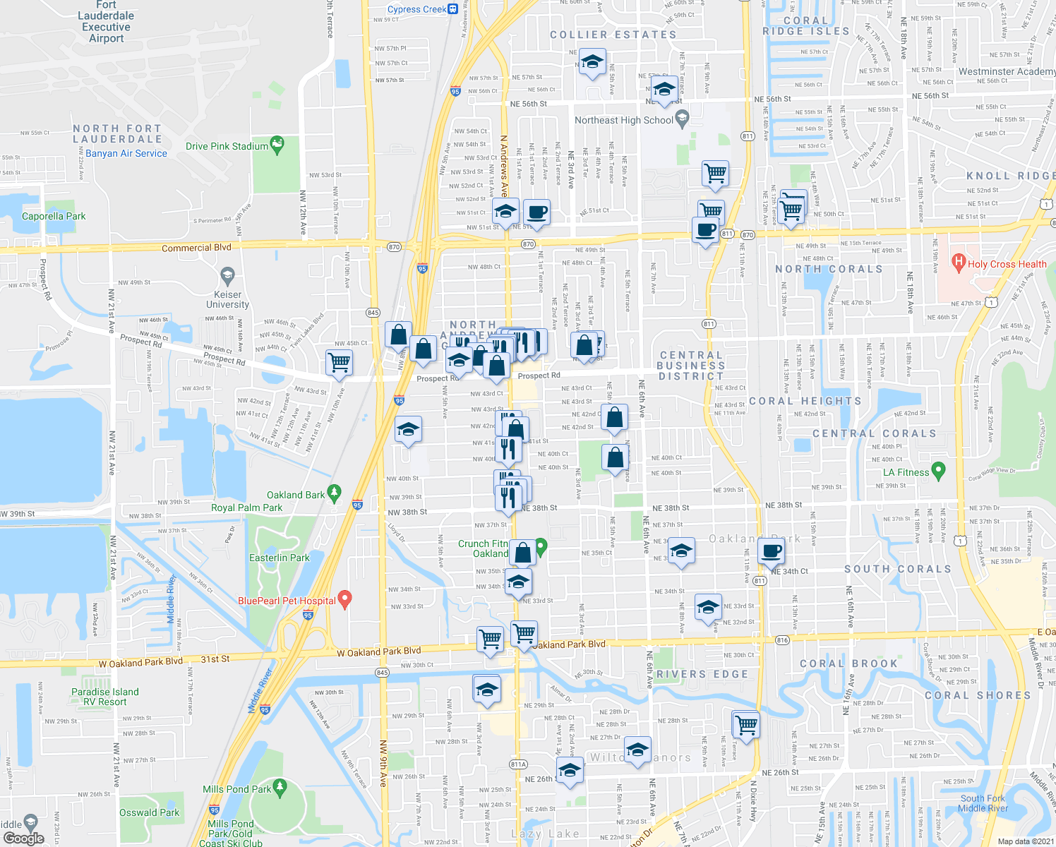 map of restaurants, bars, coffee shops, grocery stores, and more near 4100-4152 North Andrews Avenue in Oakland Park