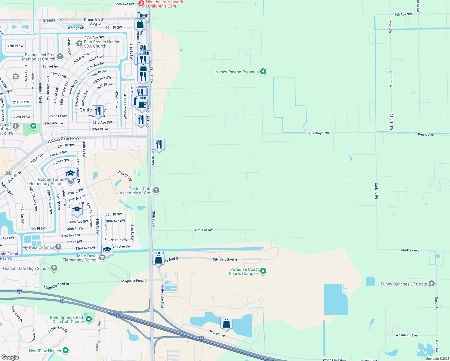 map of restaurants, bars, coffee shops, grocery stores, and more near 3460 27th Avenue Southwest in Naples