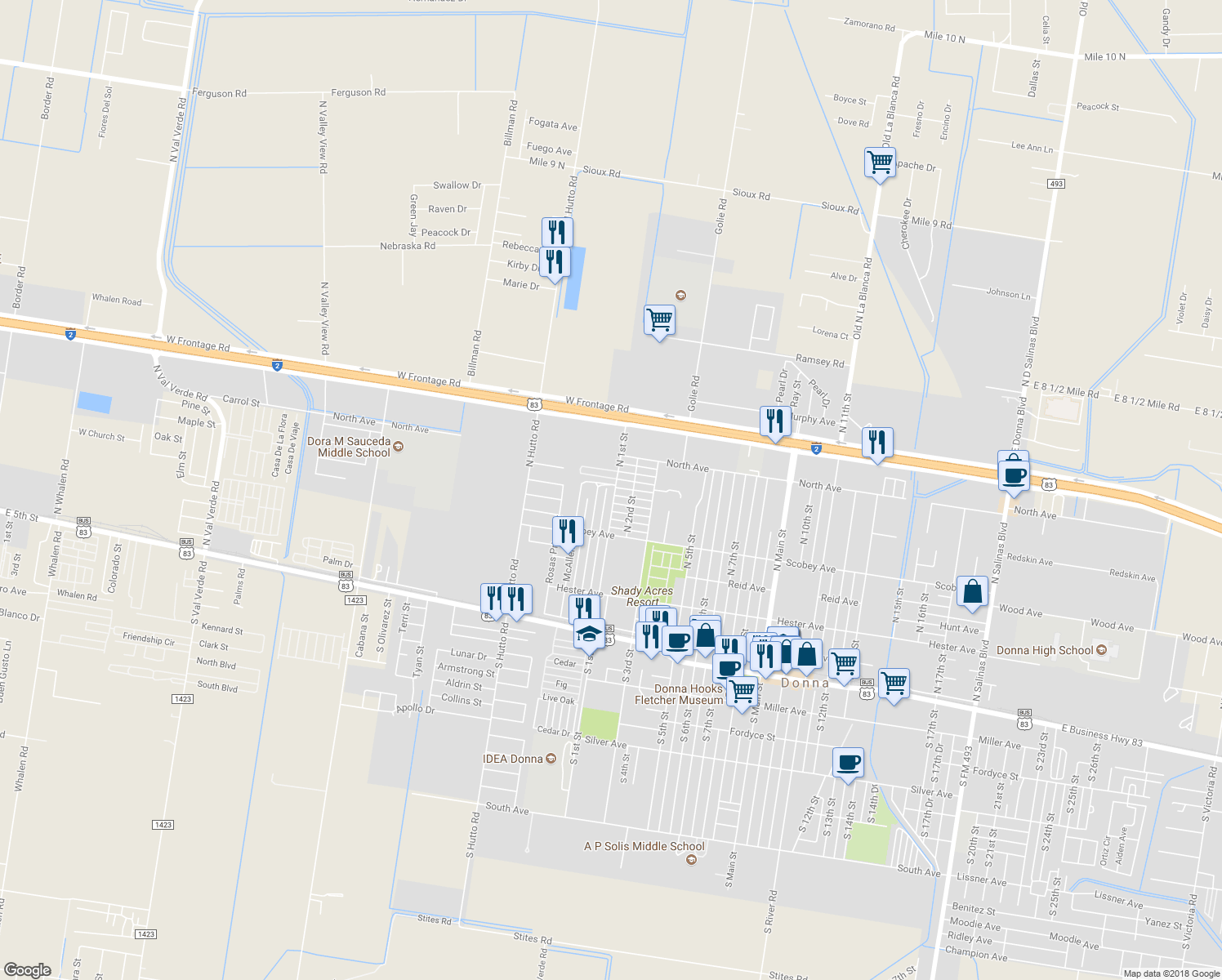 map of restaurants, bars, coffee shops, grocery stores, and more near 511 North 1st Street in Donna