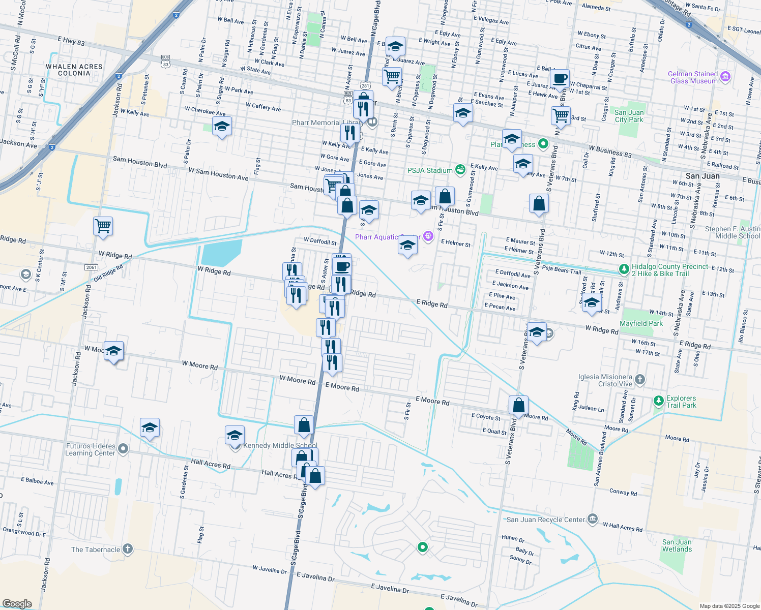 map of restaurants, bars, coffee shops, grocery stores, and more near 1305 S Cypress St in Pharr