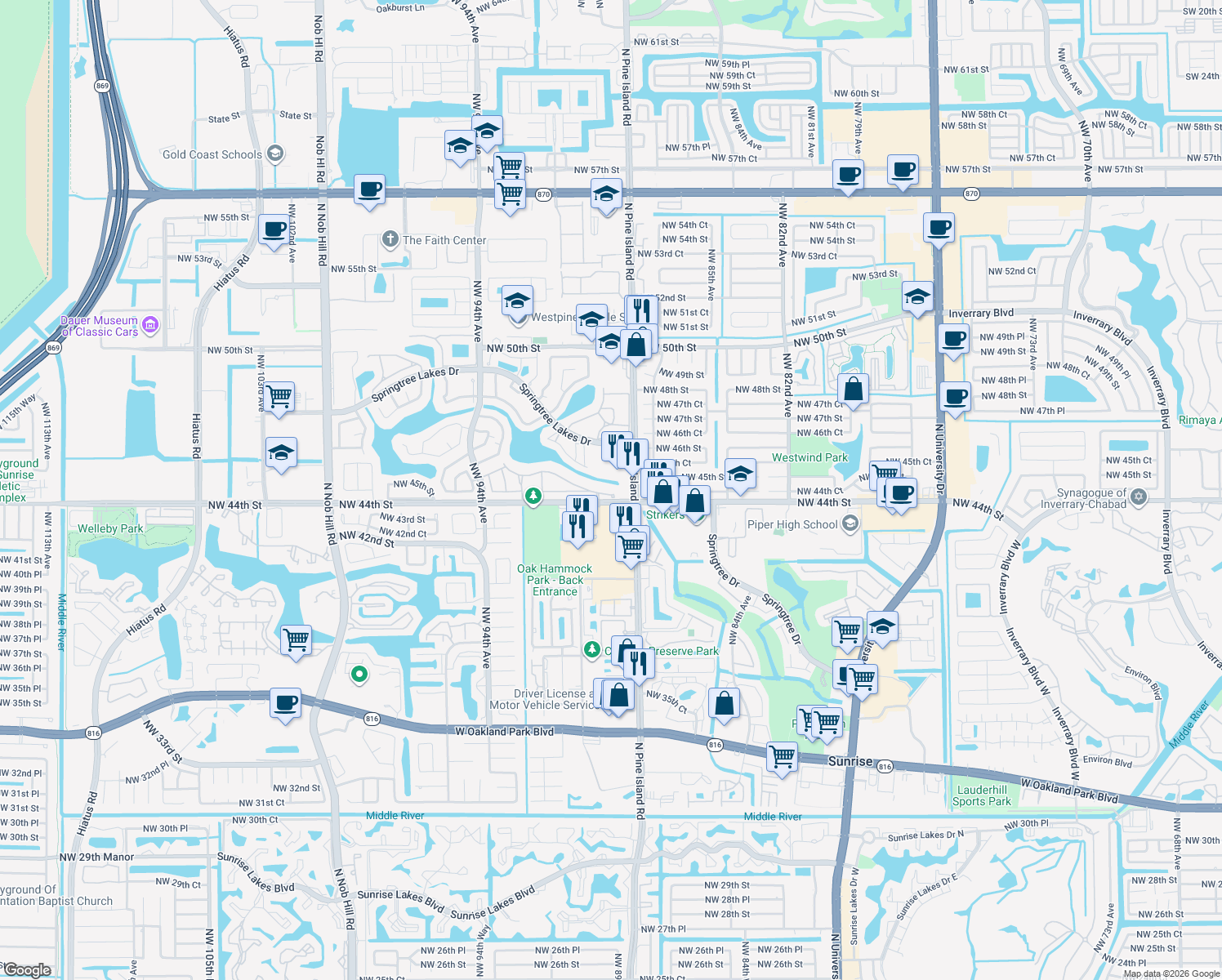 map of restaurants, bars, coffee shops, grocery stores, and more near 8957 Northwest 44th Court in Sunrise