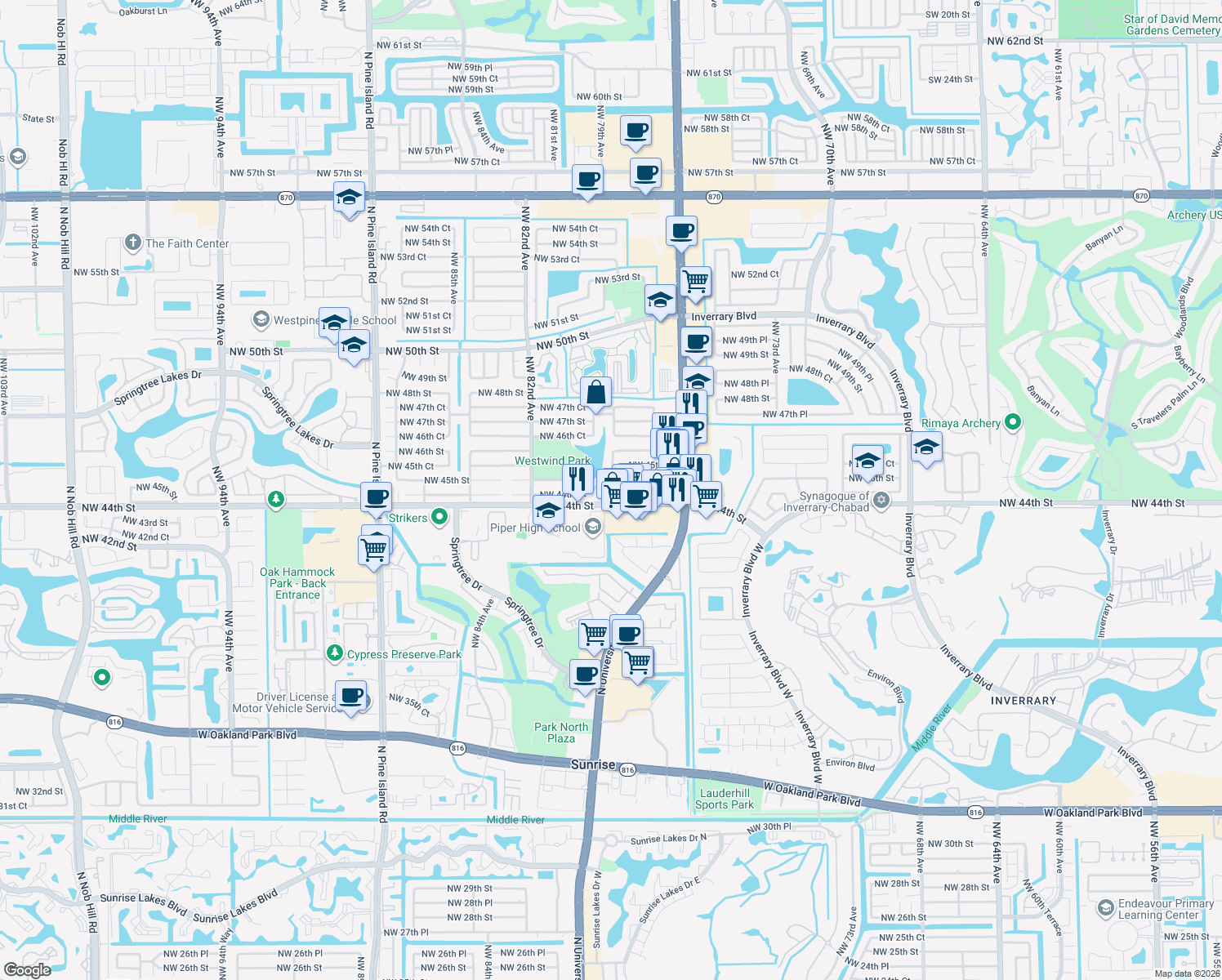 map of restaurants, bars, coffee shops, grocery stores, and more near 7901 Northwest 44th Court in Lauderhill