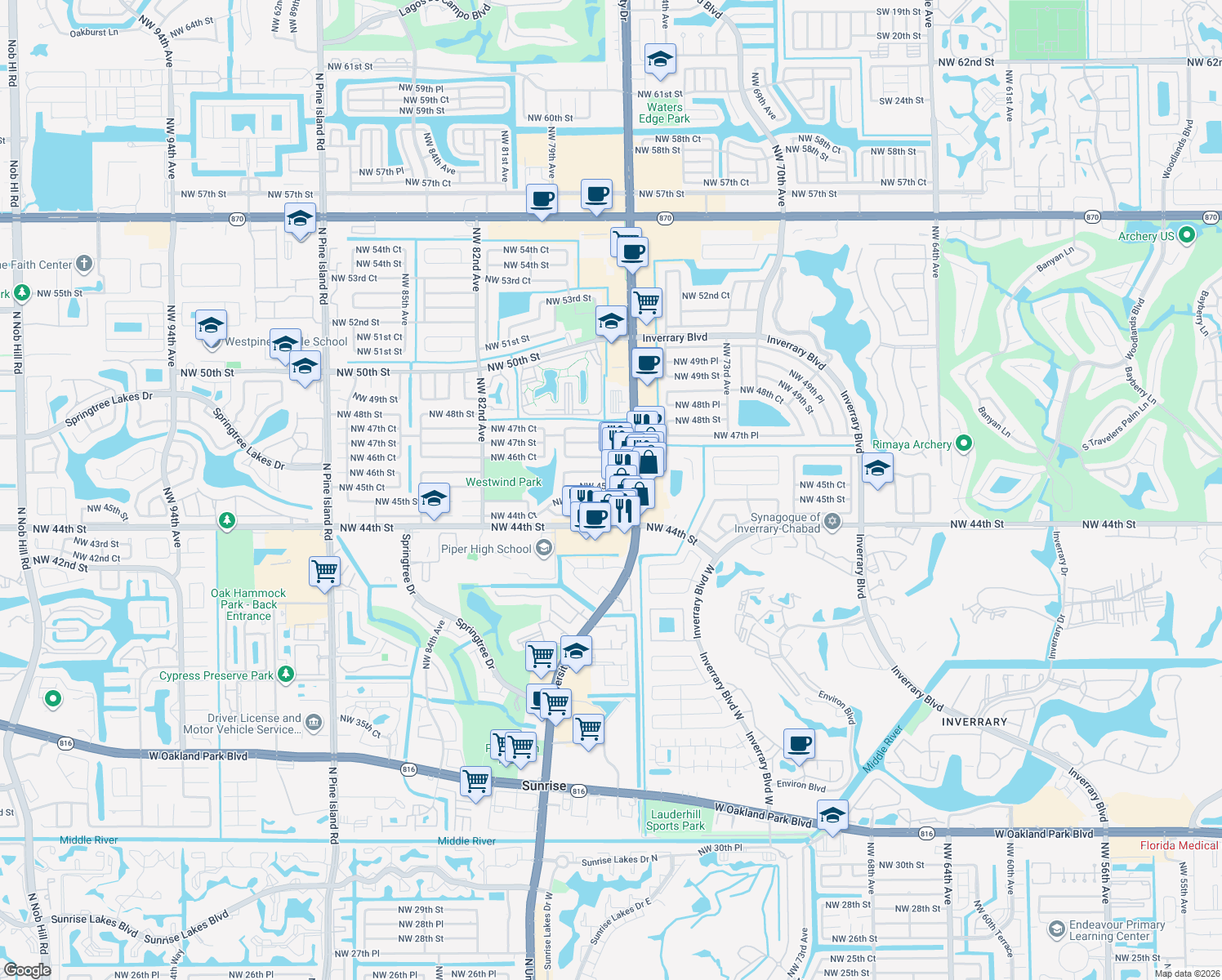 map of restaurants, bars, coffee shops, grocery stores, and more near 4520 Northwest 77th Terrace in Lauderhill