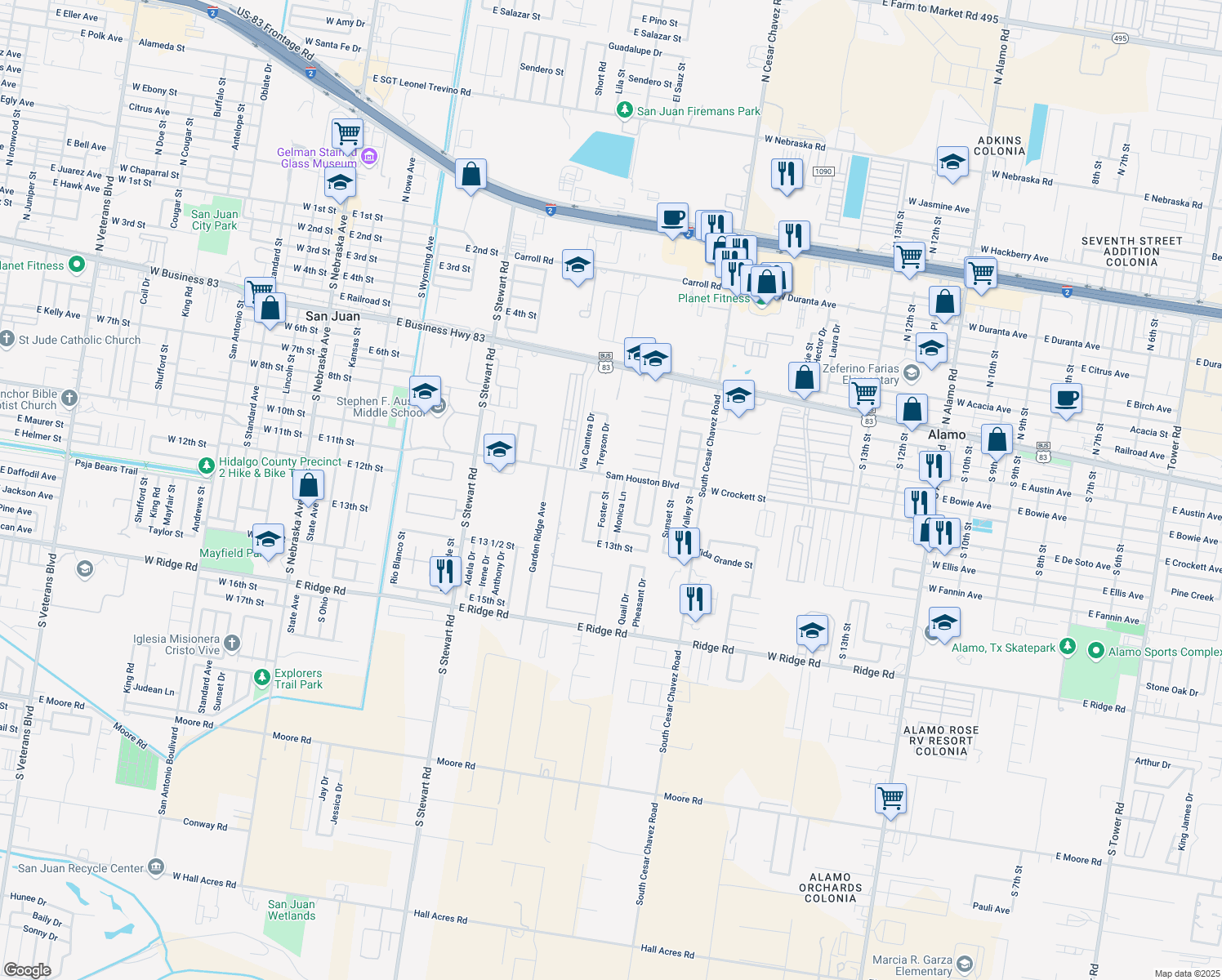 map of restaurants, bars, coffee shops, grocery stores, and more near 1106 Foster St in San Juan