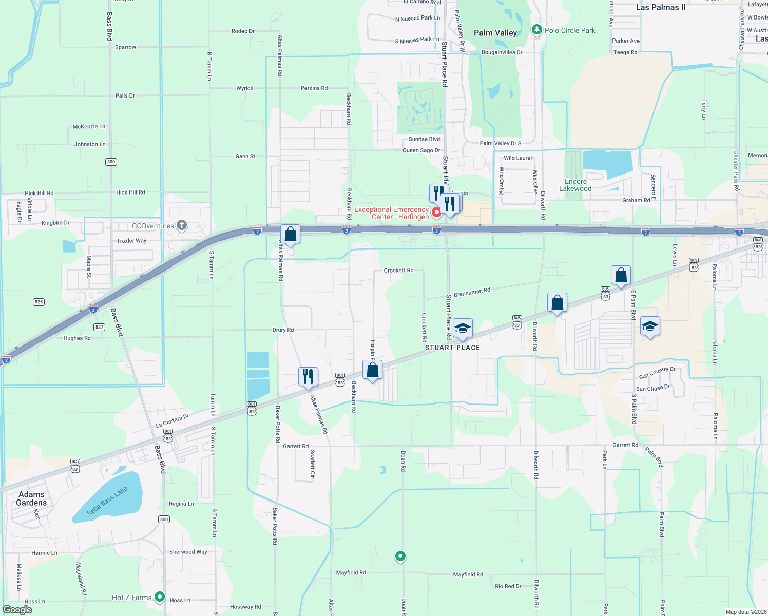 map of restaurants, bars, coffee shops, grocery stores, and more near 26034 Halpin Road in Harlingen