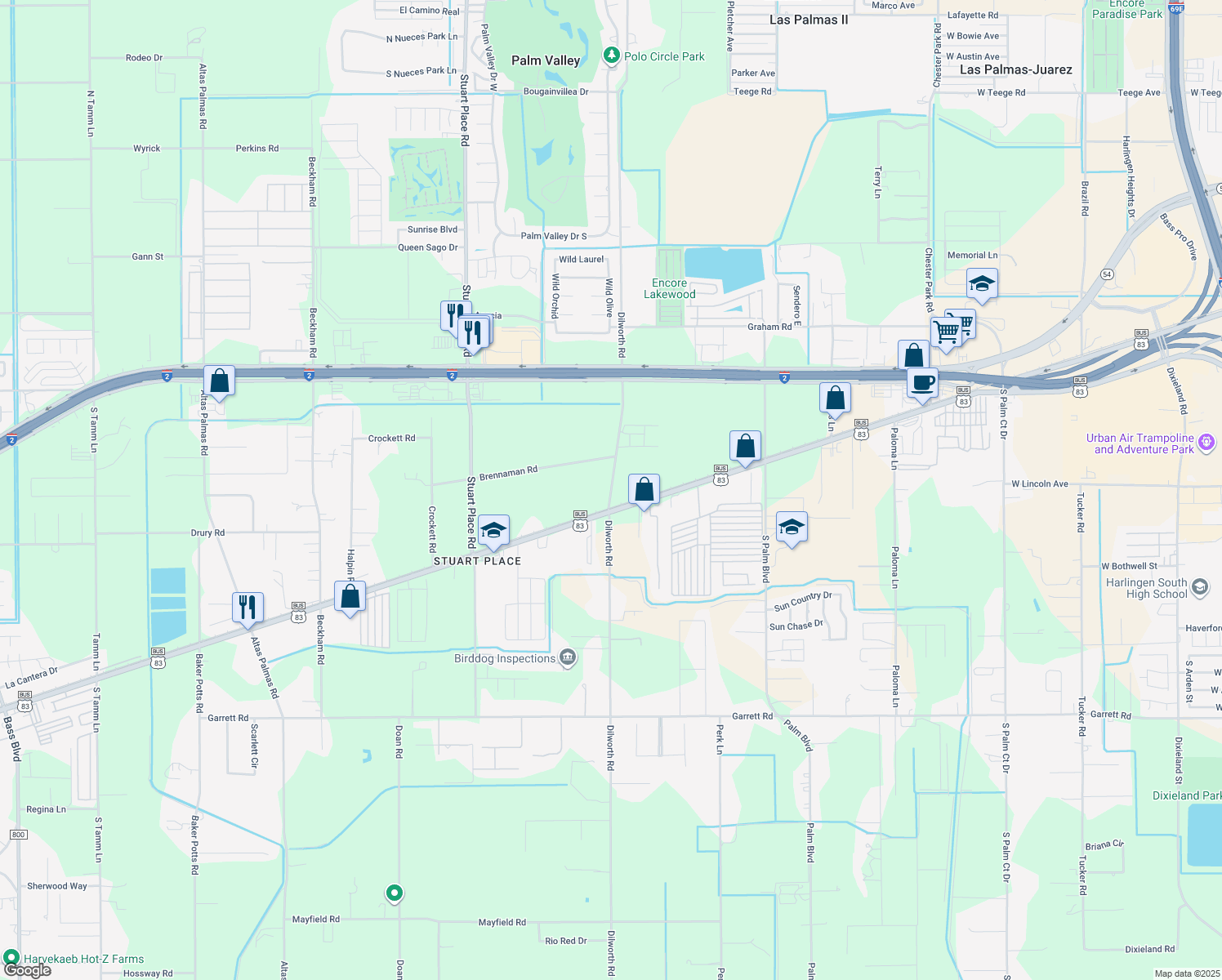 map of restaurants, bars, coffee shops, grocery stores, and more near 26883 Dilworth Road in Harlingen