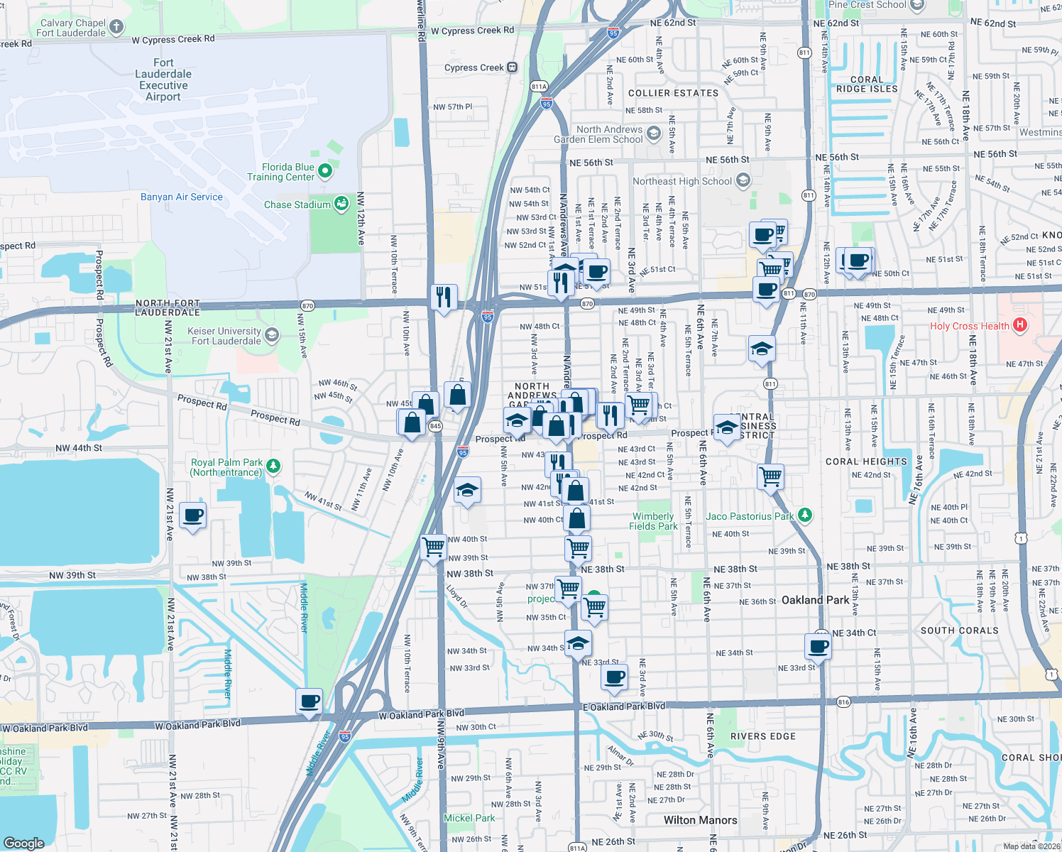 map of restaurants, bars, coffee shops, grocery stores, and more near 332 Northwest 45th Street in Fort Lauderdale