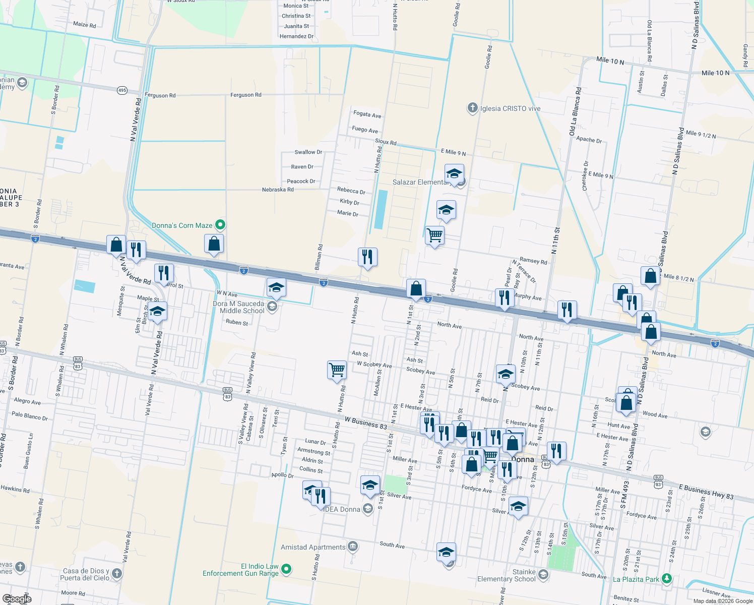 map of restaurants, bars, coffee shops, grocery stores, and more near 401 North Hutto Road in Donna