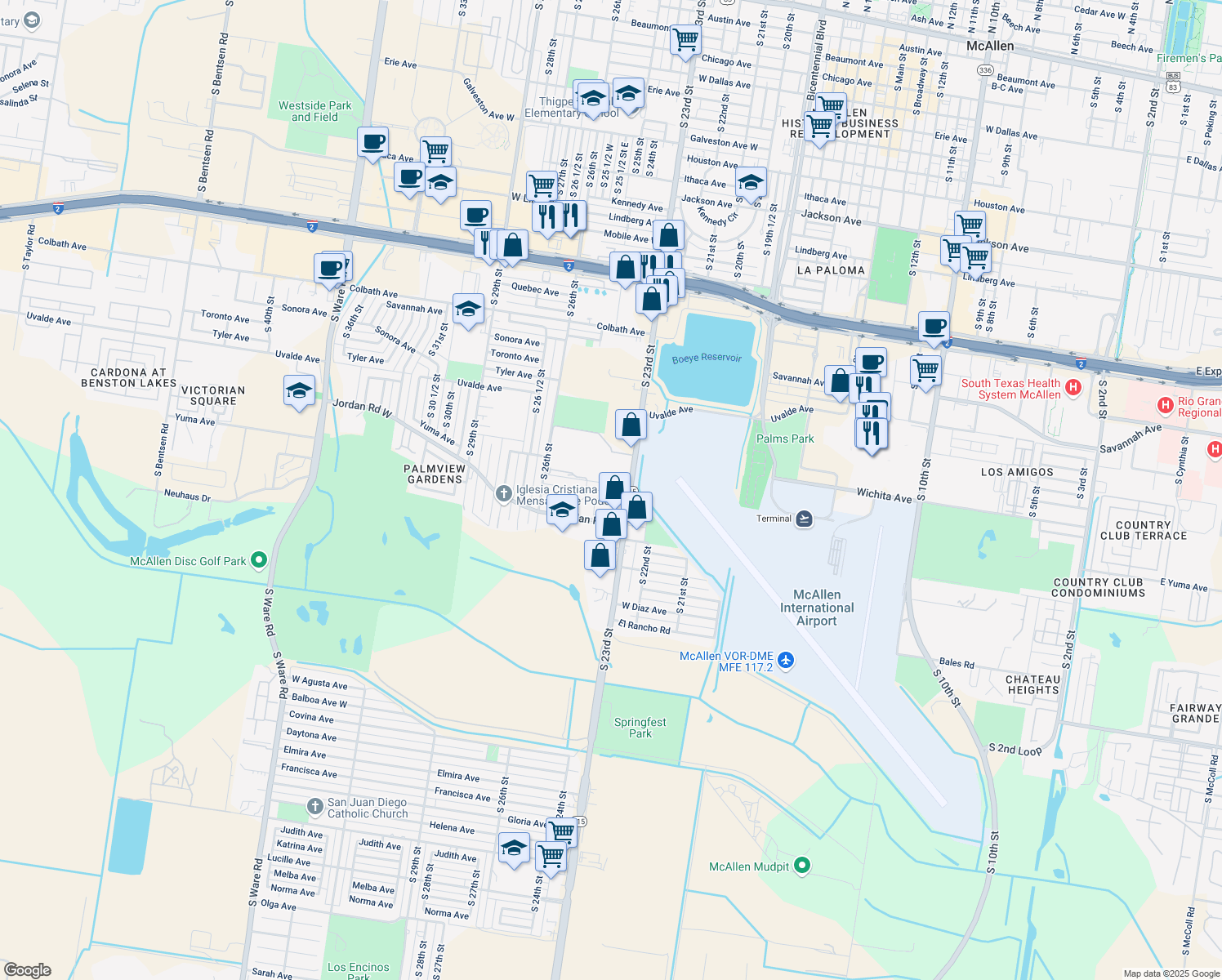 map of restaurants, bars, coffee shops, grocery stores, and more near 2400 Yuma Avenue in McAllen