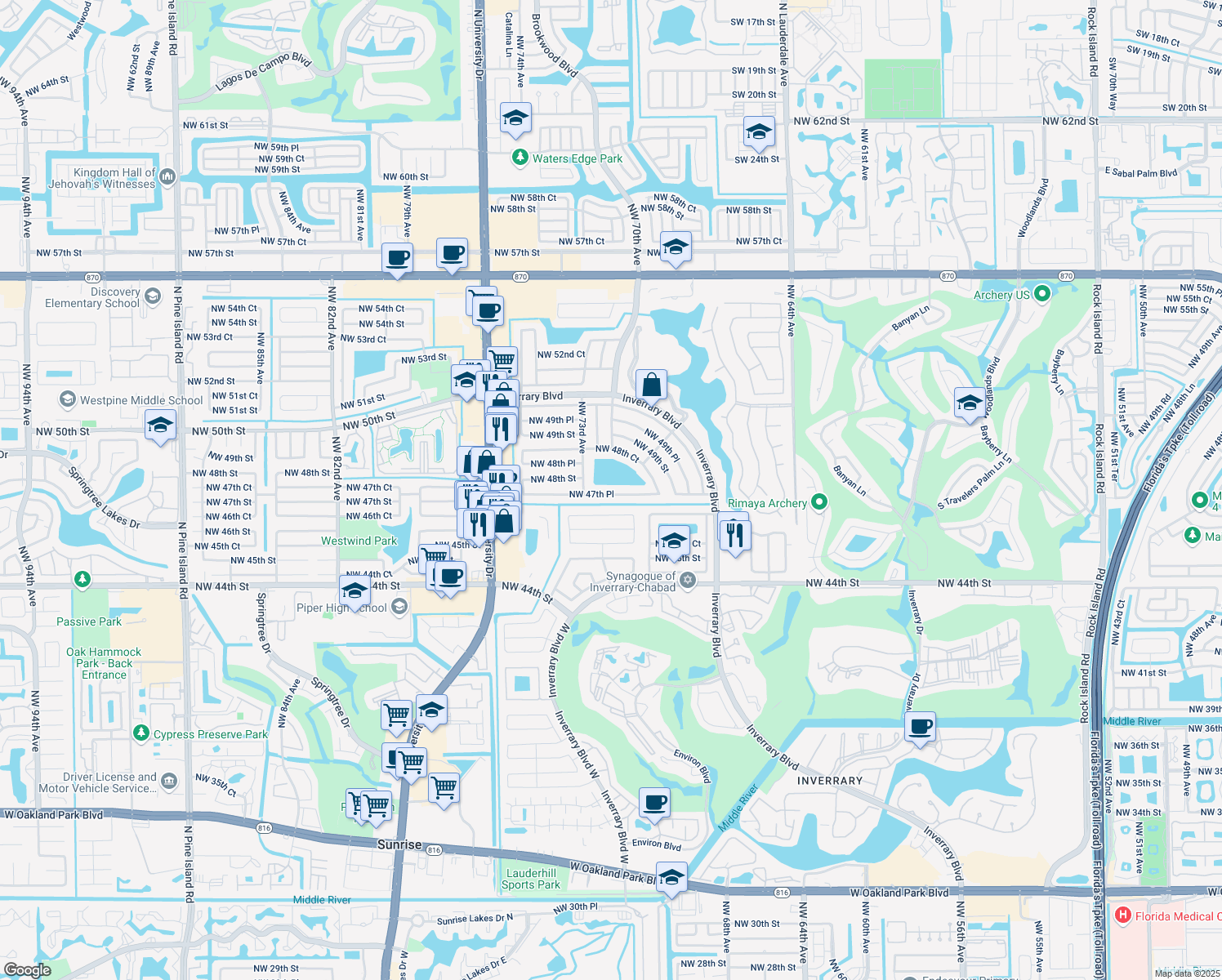 map of restaurants, bars, coffee shops, grocery stores, and more near 7211 Northwest 47th Place in Lauderhill