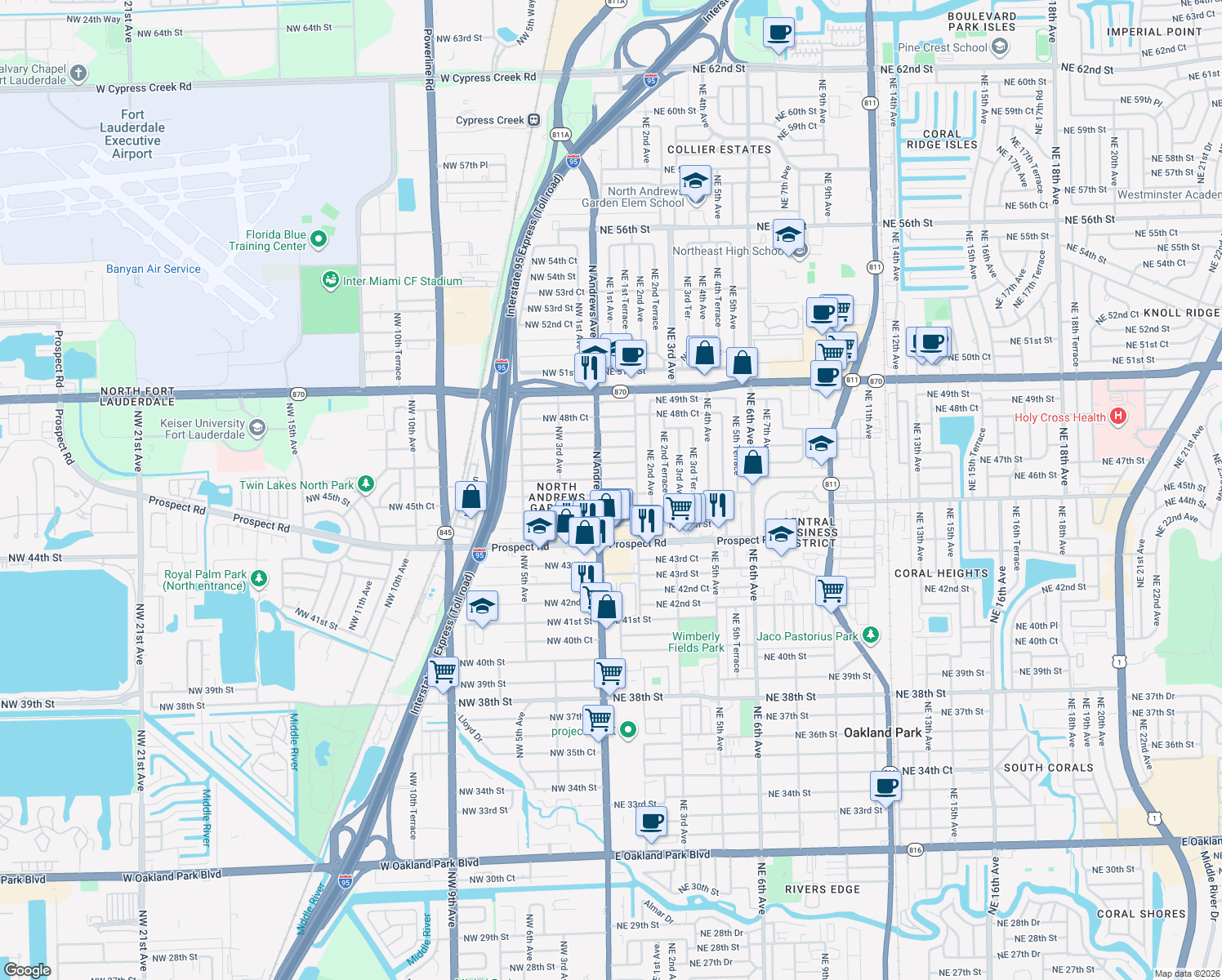 map of restaurants, bars, coffee shops, grocery stores, and more near 41 Northeast 46th Street in Oakland Park