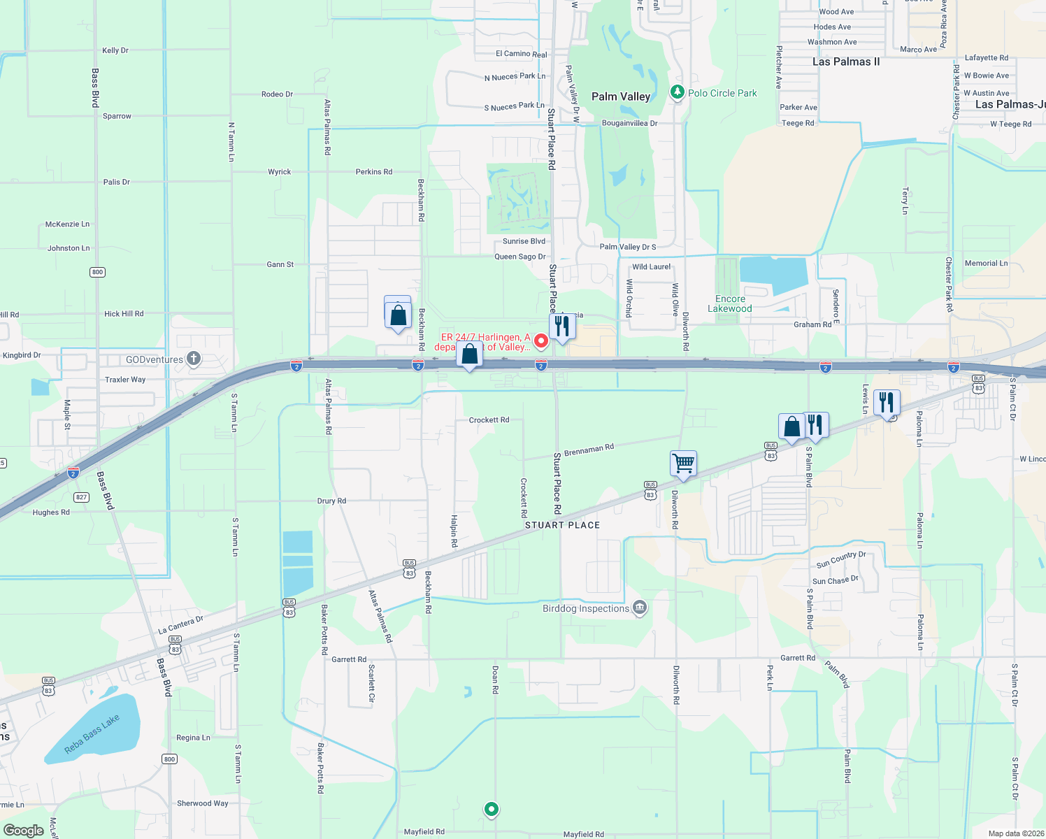 map of restaurants, bars, coffee shops, grocery stores, and more near 16399 Crockett Rd in Harlingen
