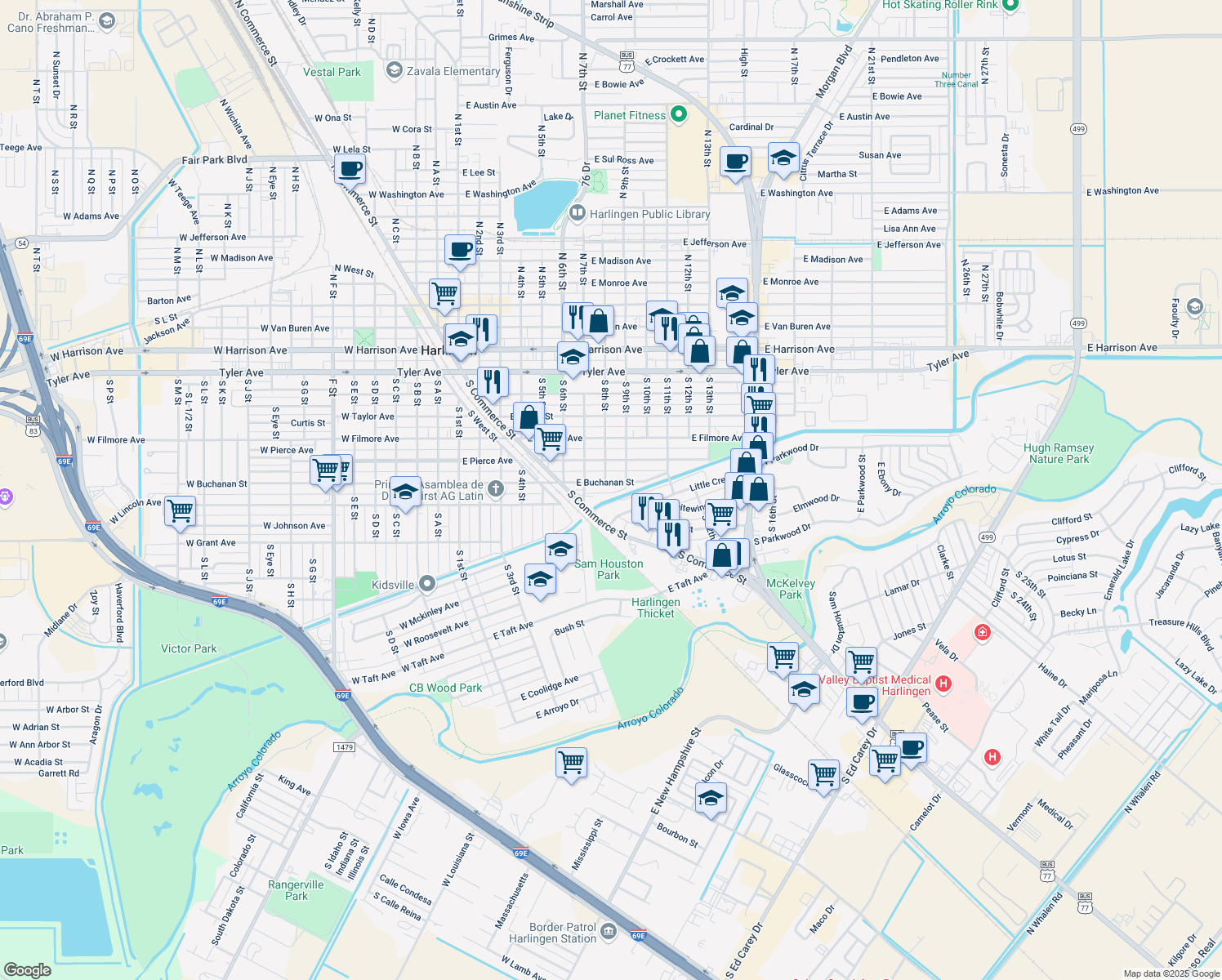 map of restaurants, bars, coffee shops, grocery stores, and more near 806 E Buchanan St in Harlingen
