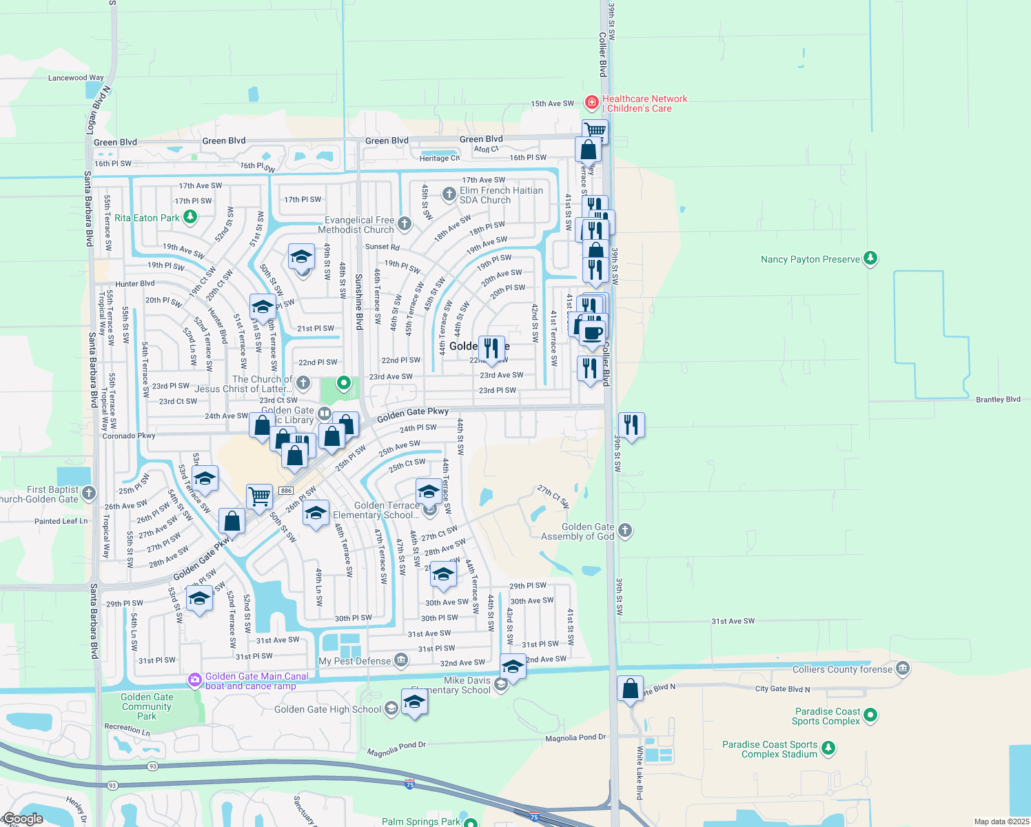 map of restaurants, bars, coffee shops, grocery stores, and more near 4256 Golden Gate Parkway in Naples