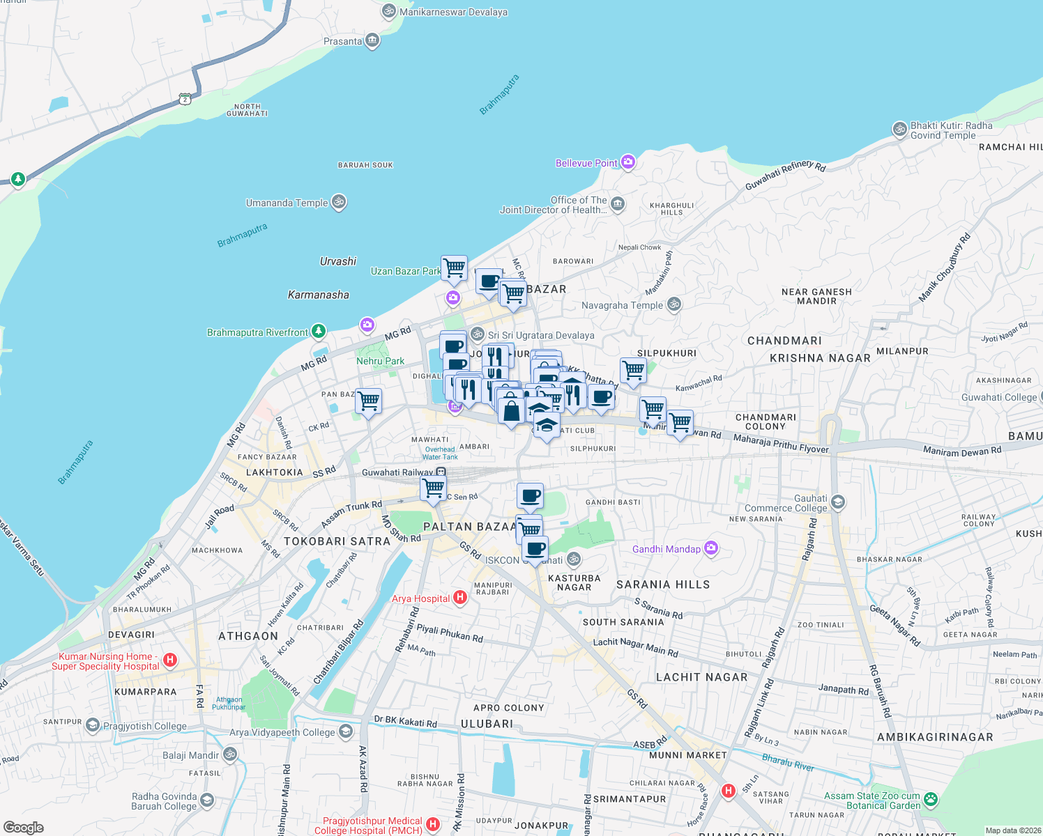 map of restaurants, bars, coffee shops, grocery stores, and more near Gopinath Bordoloi Road in Guwahati