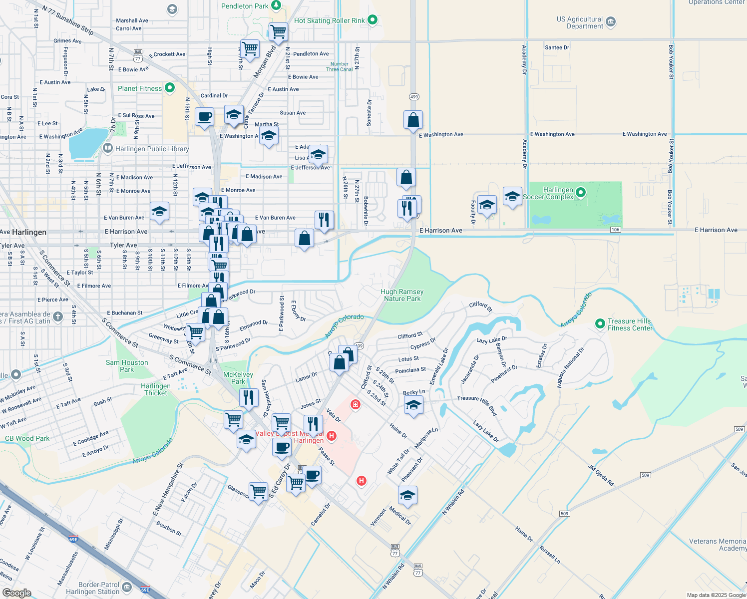 map of restaurants, bars, coffee shops, grocery stores, and more near 204 Parkview Cir in Harlingen