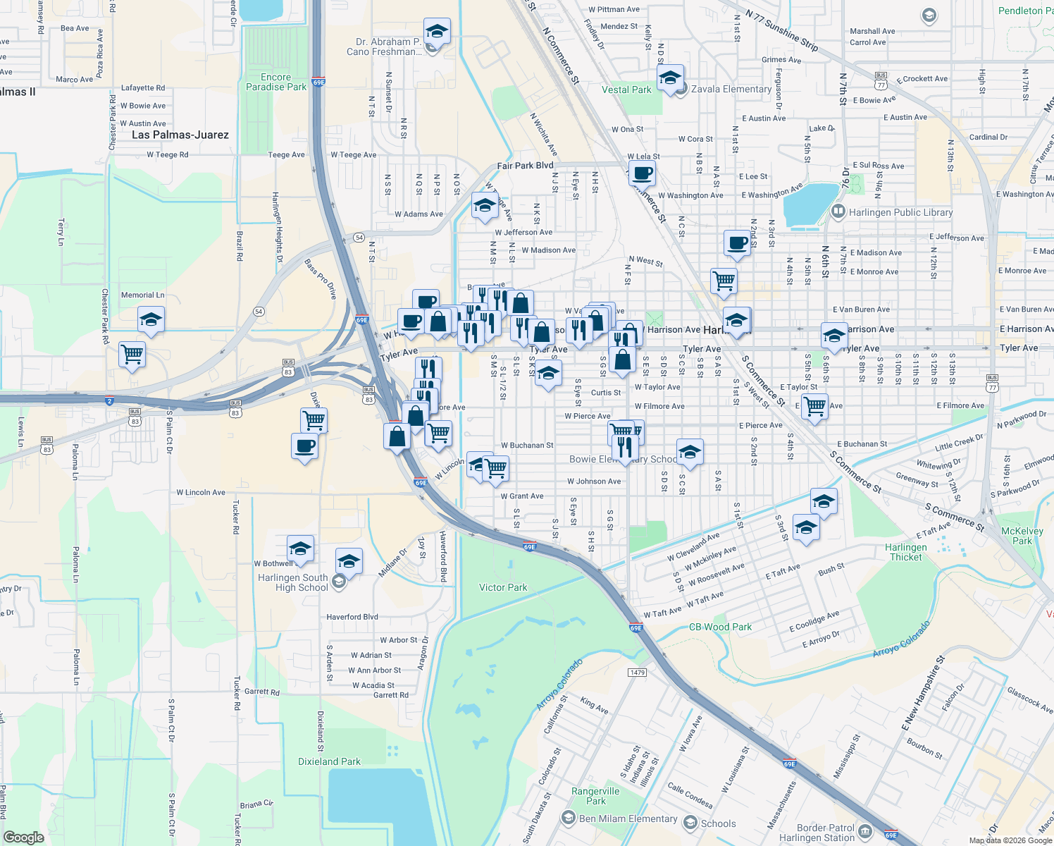 map of restaurants, bars, coffee shops, grocery stores, and more near 722 S K St in Harlingen