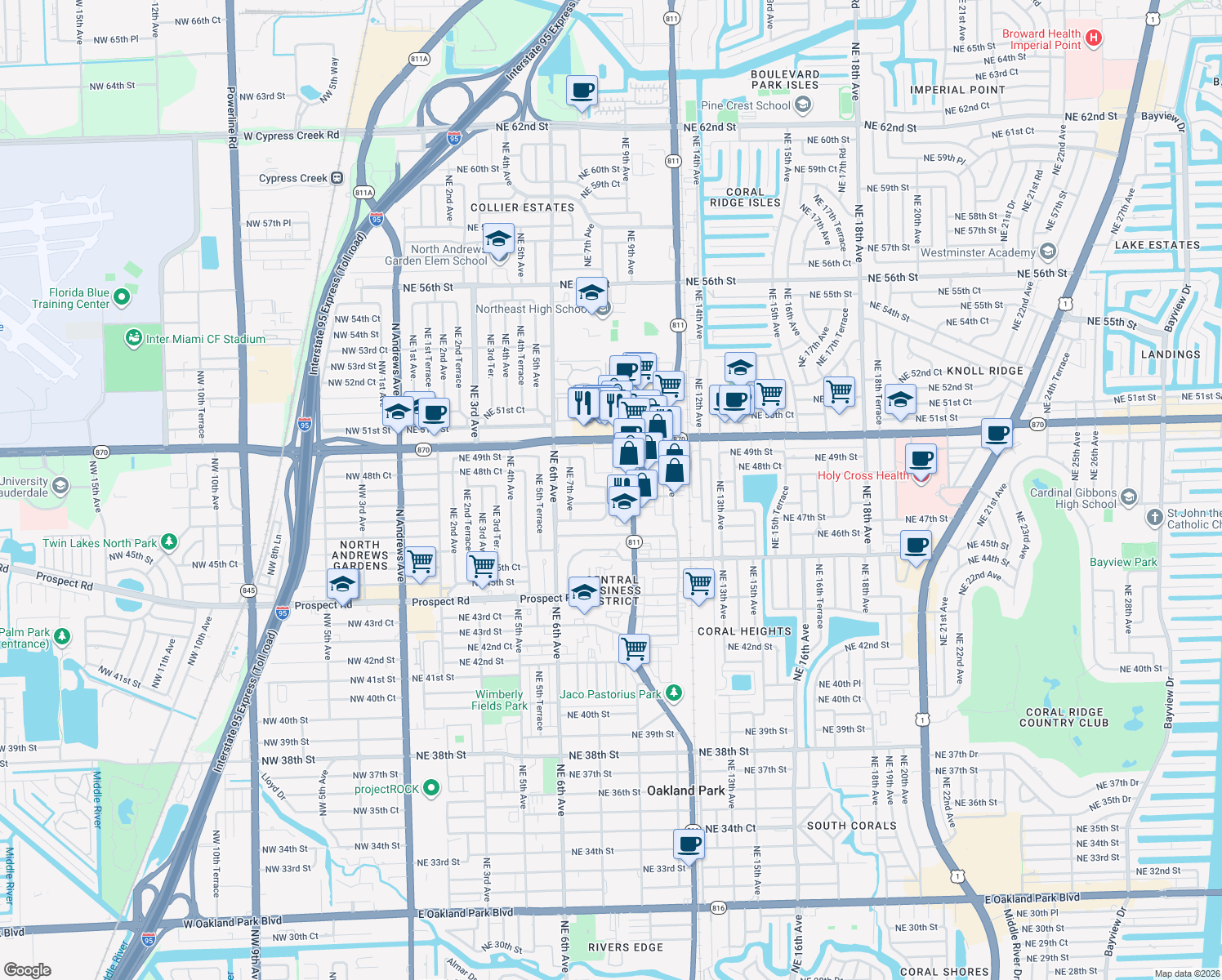 map of restaurants, bars, coffee shops, grocery stores, and more near 4780 Northeast 8th Terrace in Oakland Park