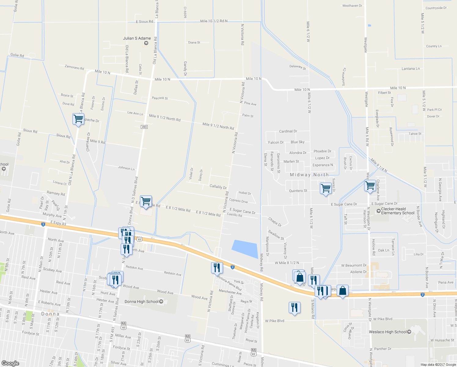 map of restaurants, bars, coffee shops, grocery stores, and more near 3010 North Victoria Road in Donna