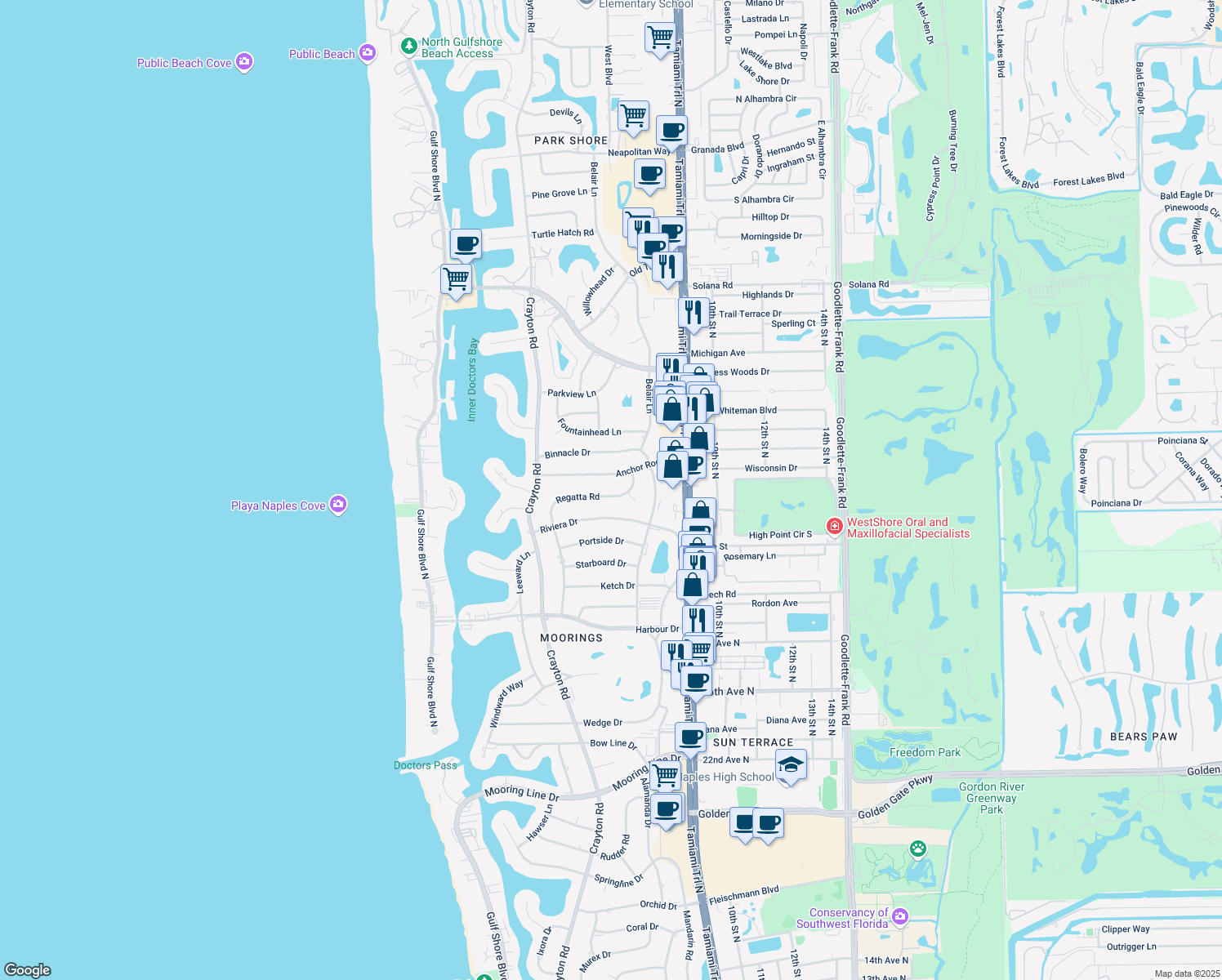 map of restaurants, bars, coffee shops, grocery stores, and more near 695 Regatta Road in Naples