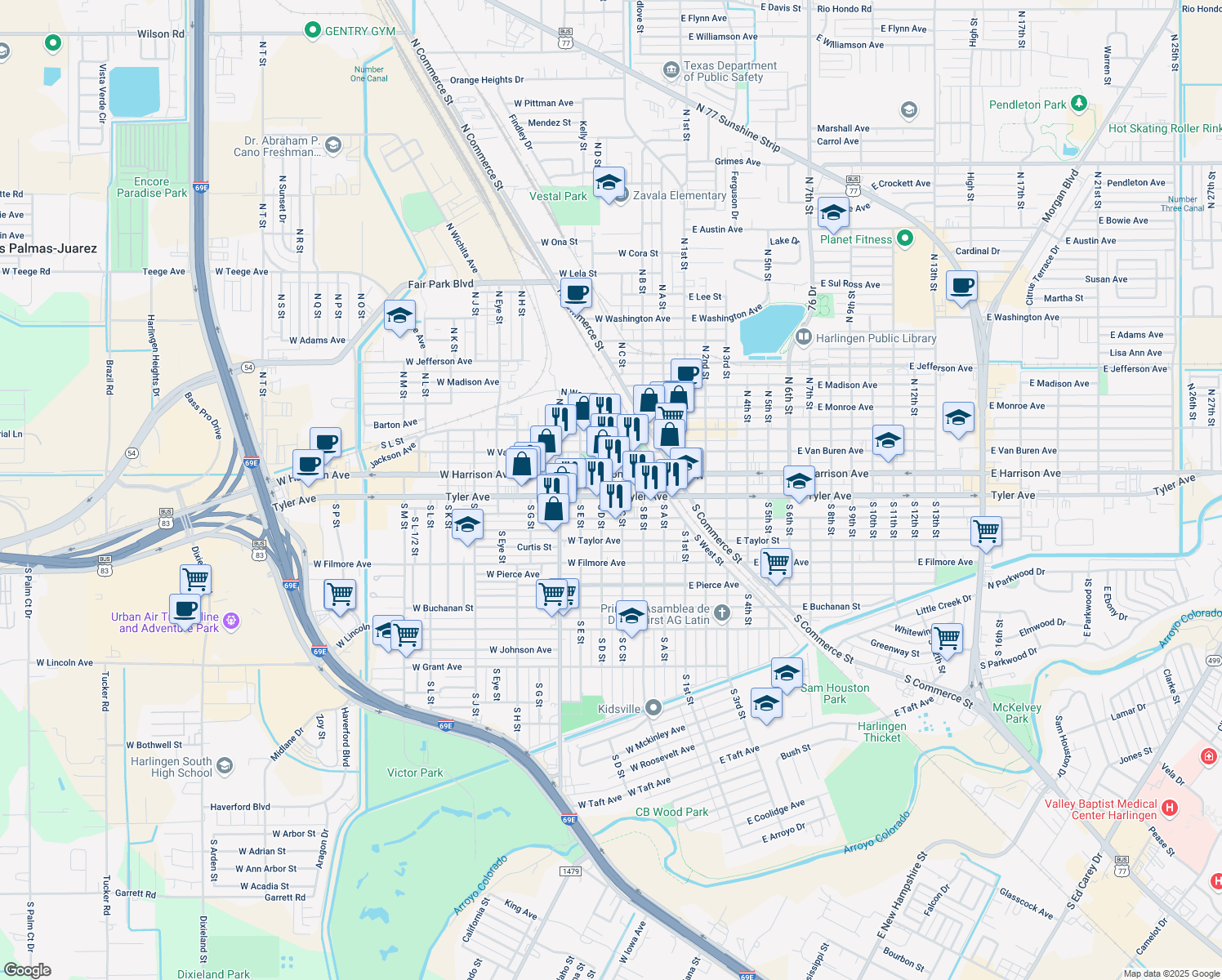 map of restaurants, bars, coffee shops, grocery stores, and more near 414 W Tyler Ave in Harlingen