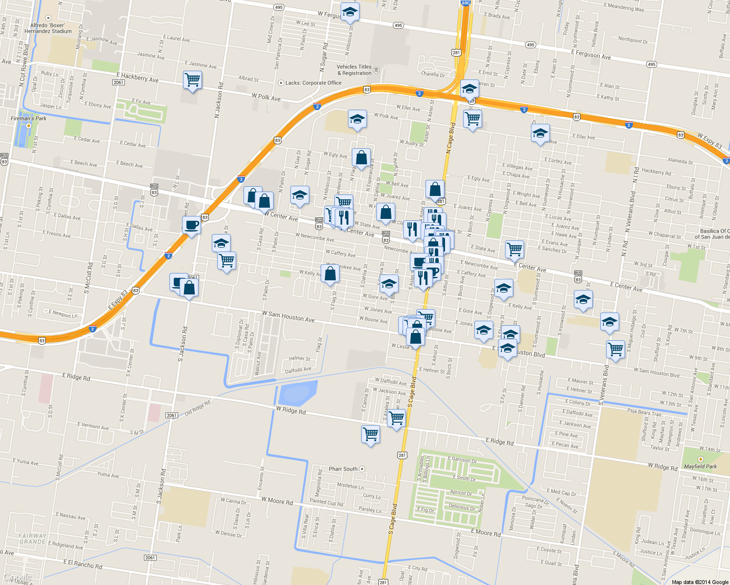 map of restaurants, bars, coffee shops, grocery stores, and more near 416 West Gore Avenue in Pharr