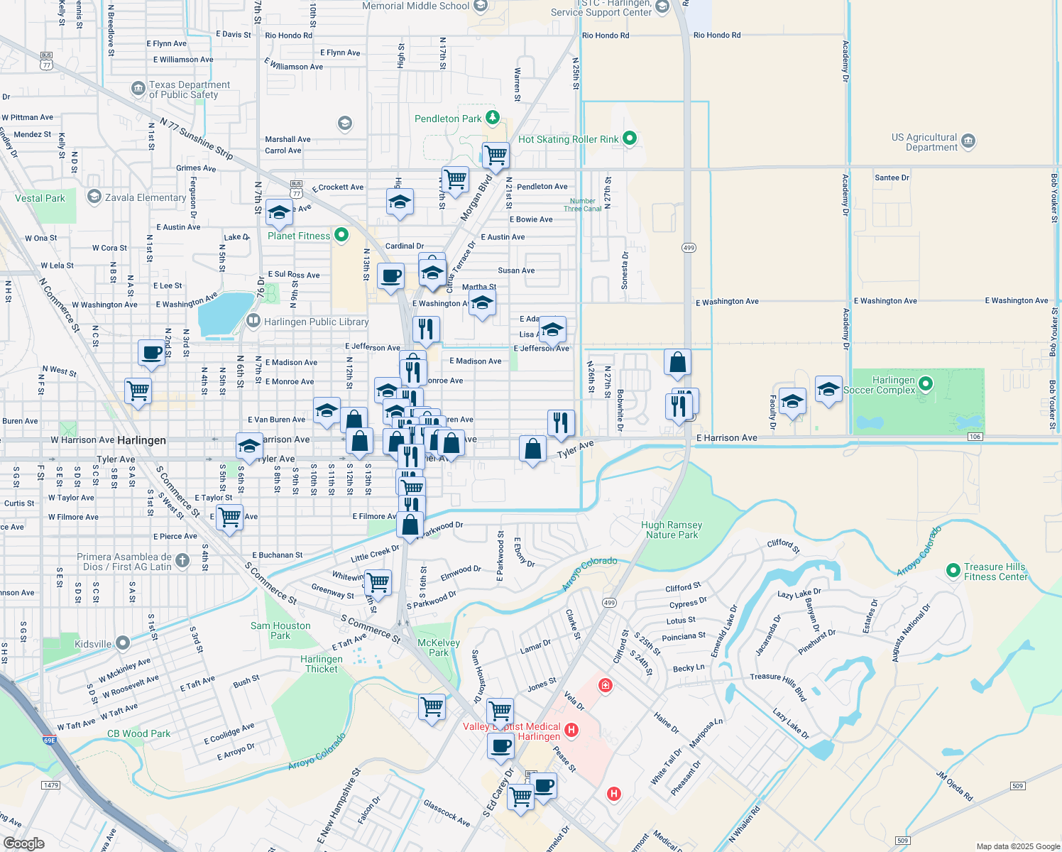 map of restaurants, bars, coffee shops, grocery stores, and more near 2202 E Van Buren Ave in Harlingen