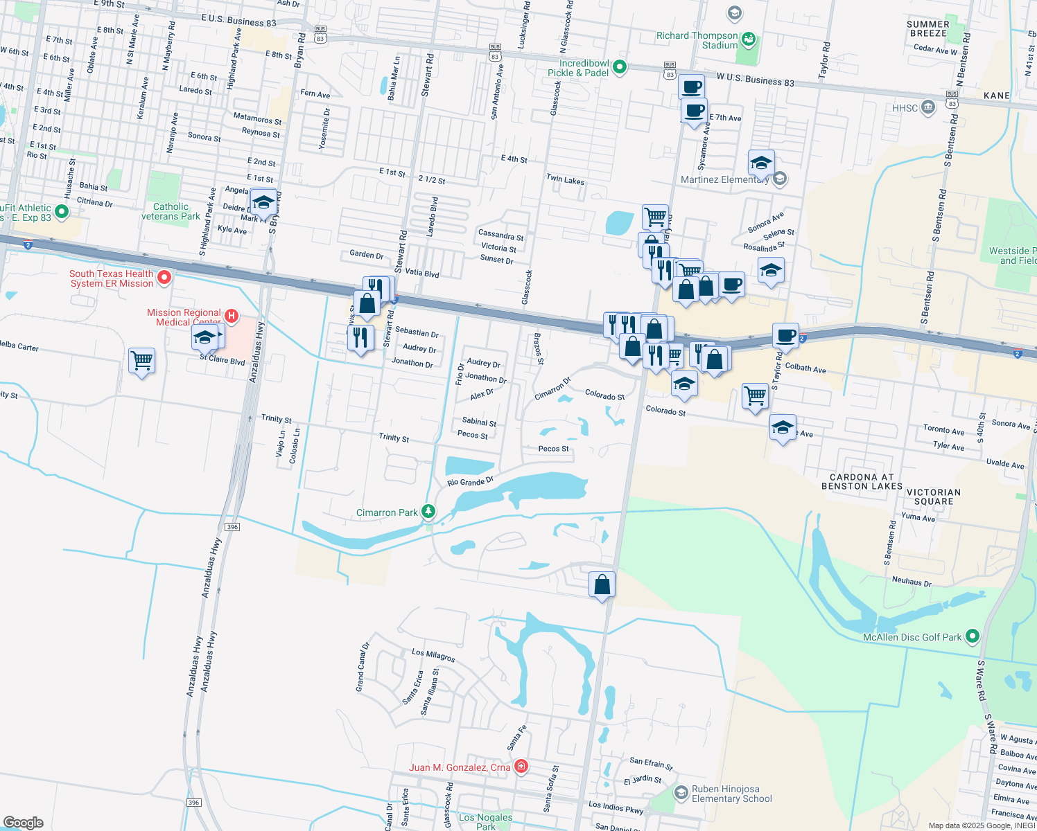 map of restaurants, bars, coffee shops, grocery stores, and more near 1115 Rio Balsas in Mission
