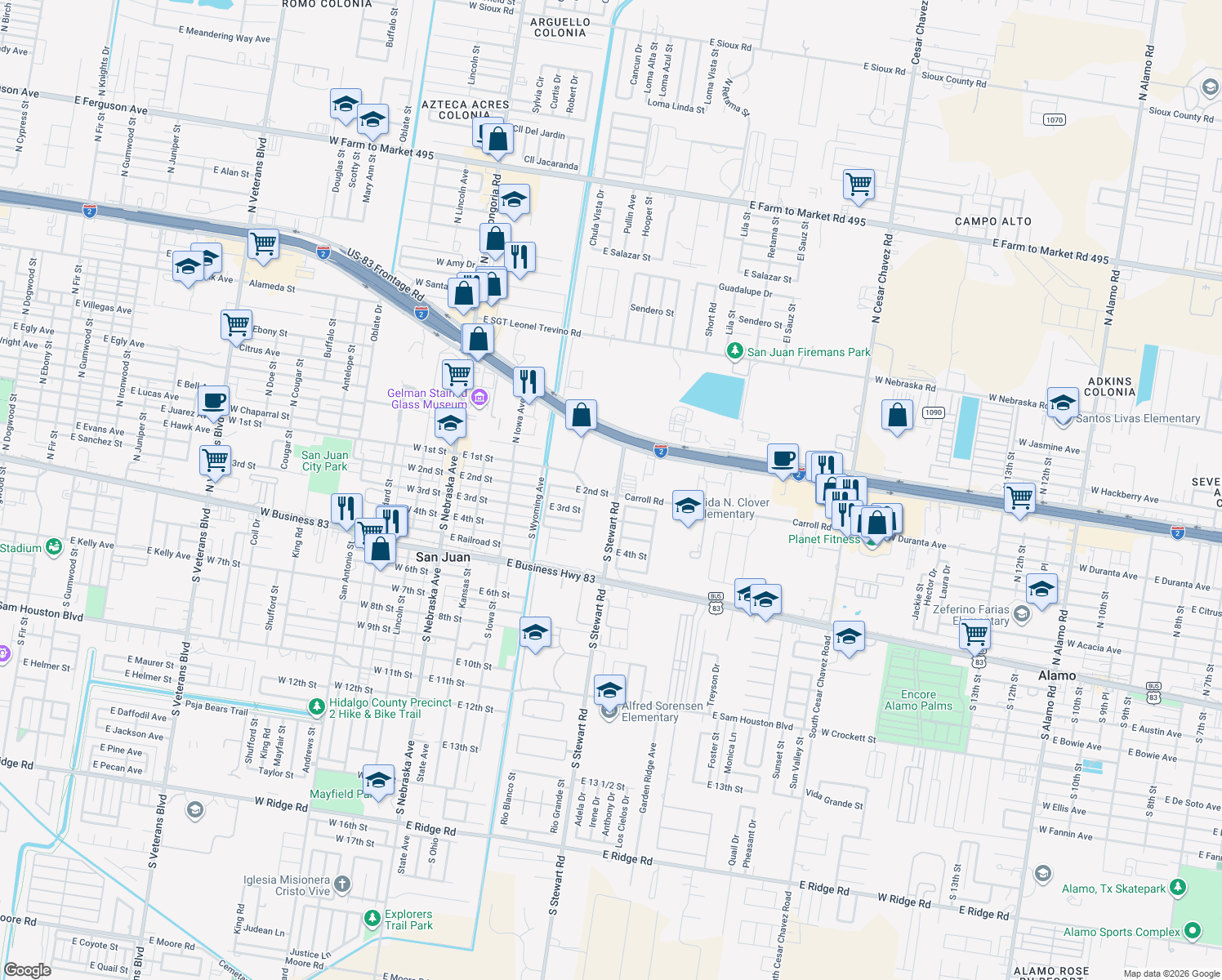 map of restaurants, bars, coffee shops, grocery stores, and more near 126 South Stewart Road in San Juan