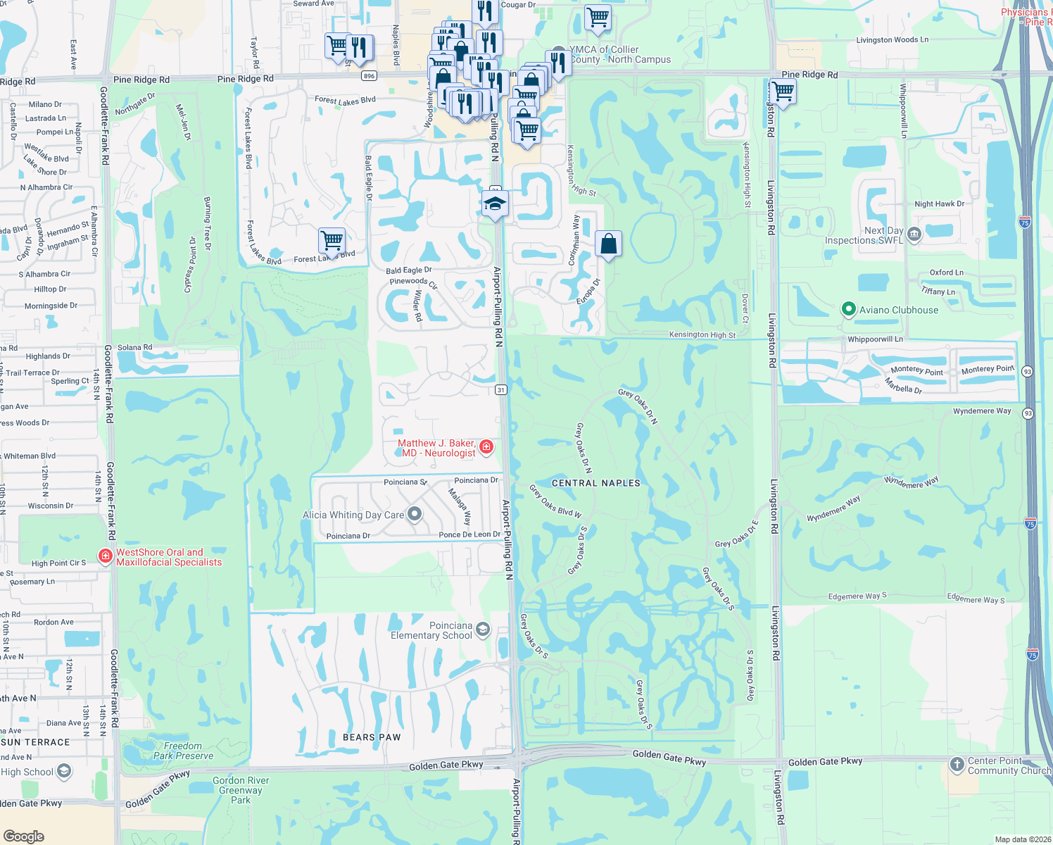 map of restaurants, bars, coffee shops, grocery stores, and more near 2520 Day Lily Pl in Naples