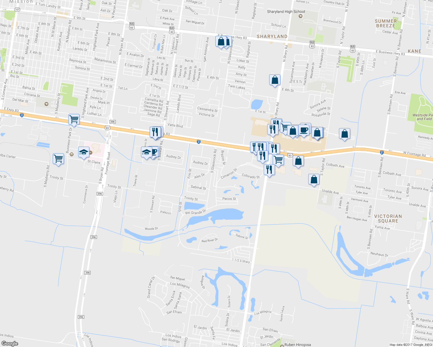 map of restaurants, bars, coffee shops, grocery stores, and more near 1013 Rio Balsas in Mission