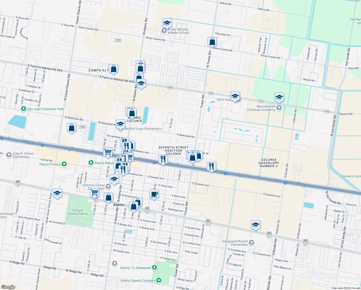 map of restaurants, bars, coffee shops, grocery stores, and more near 521 Shea Drive in Alamo