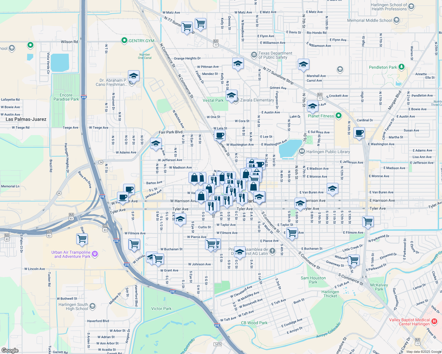 map of restaurants, bars, coffee shops, grocery stores, and more near 198 N E St in Harlingen